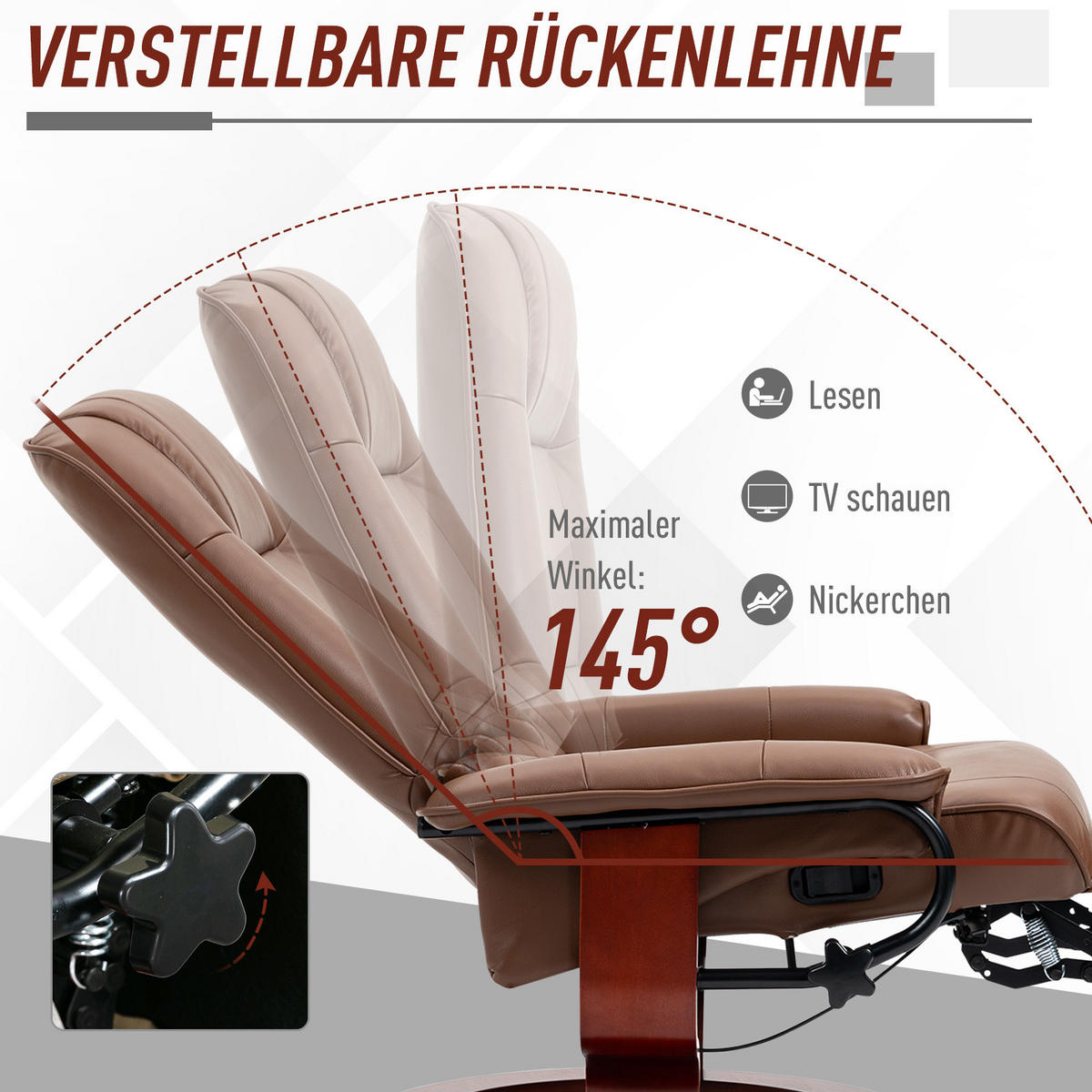 RELAXSESSEL Drehbar Fernsehsessel mit Liegefunktion, Fußstütze Kunstleder Braun - Braun, Holz/Kunststoff (87/100/78cm) - HOMCOM