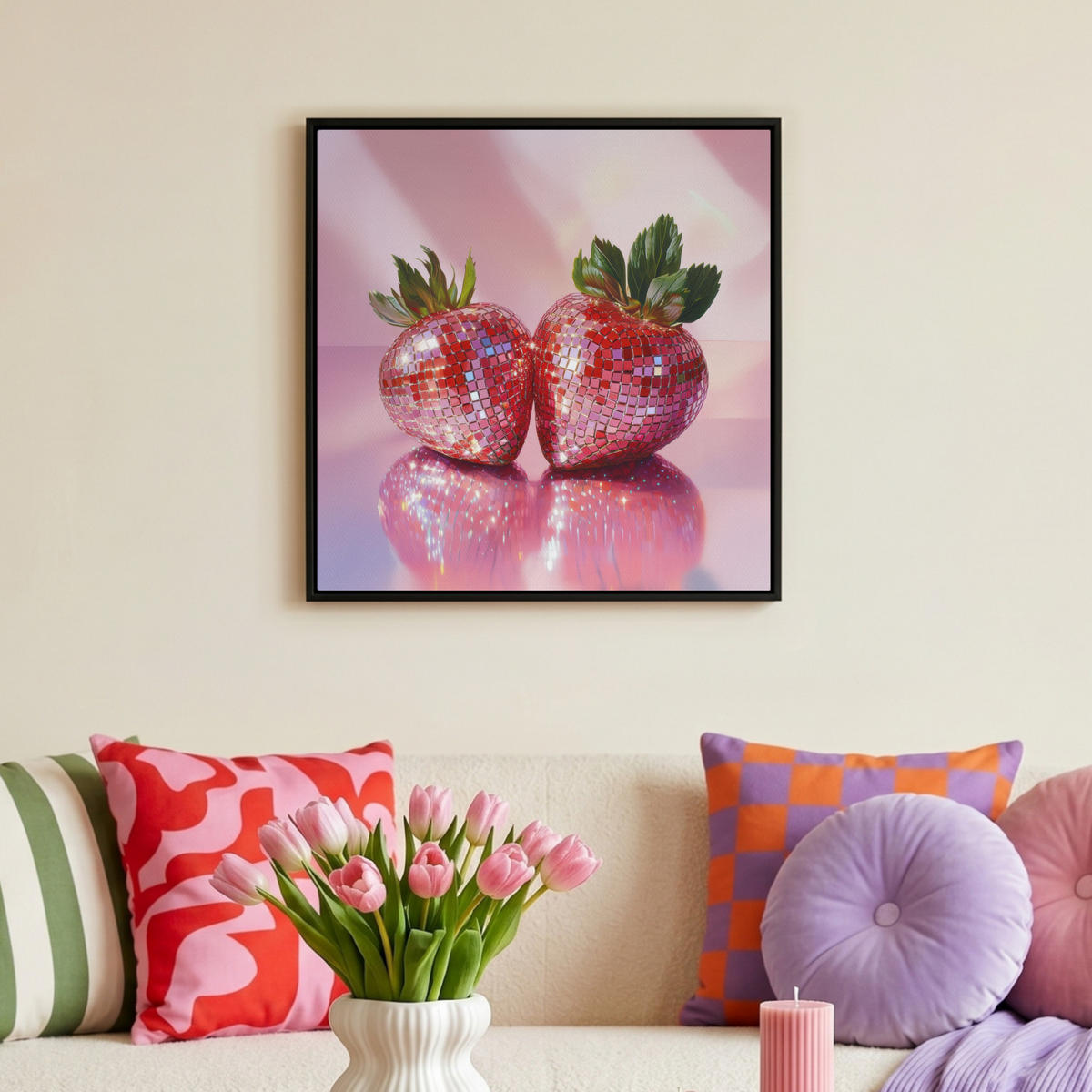 LEINWAND Bilder mit Rahmen - Disco - Obst - Glitzer - Erdbeere - 50x50 - Pink, Textil (50/50cm) - MuchoWow