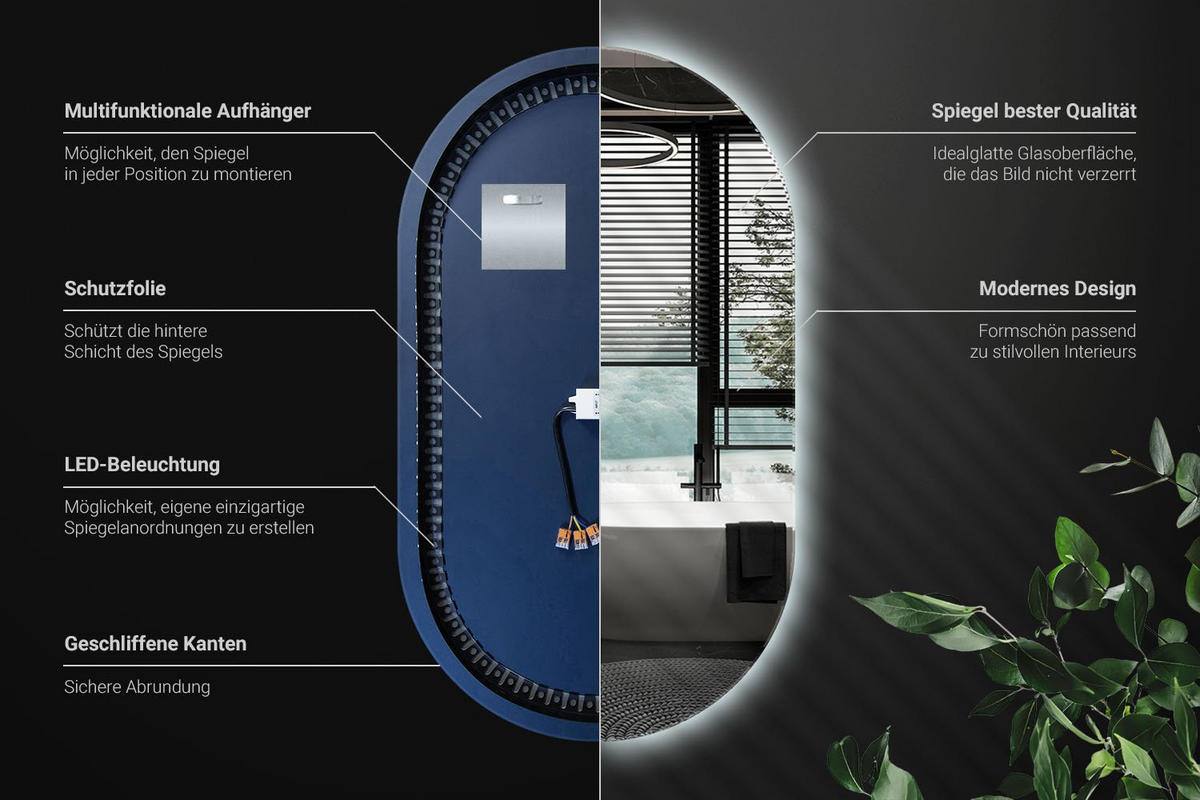 LED-SPIEGEL 46x80 cm Asymmetrisch Kaltweiß 6000K - Blau, Glas (46/80/0.4cm) - Wallfluent
