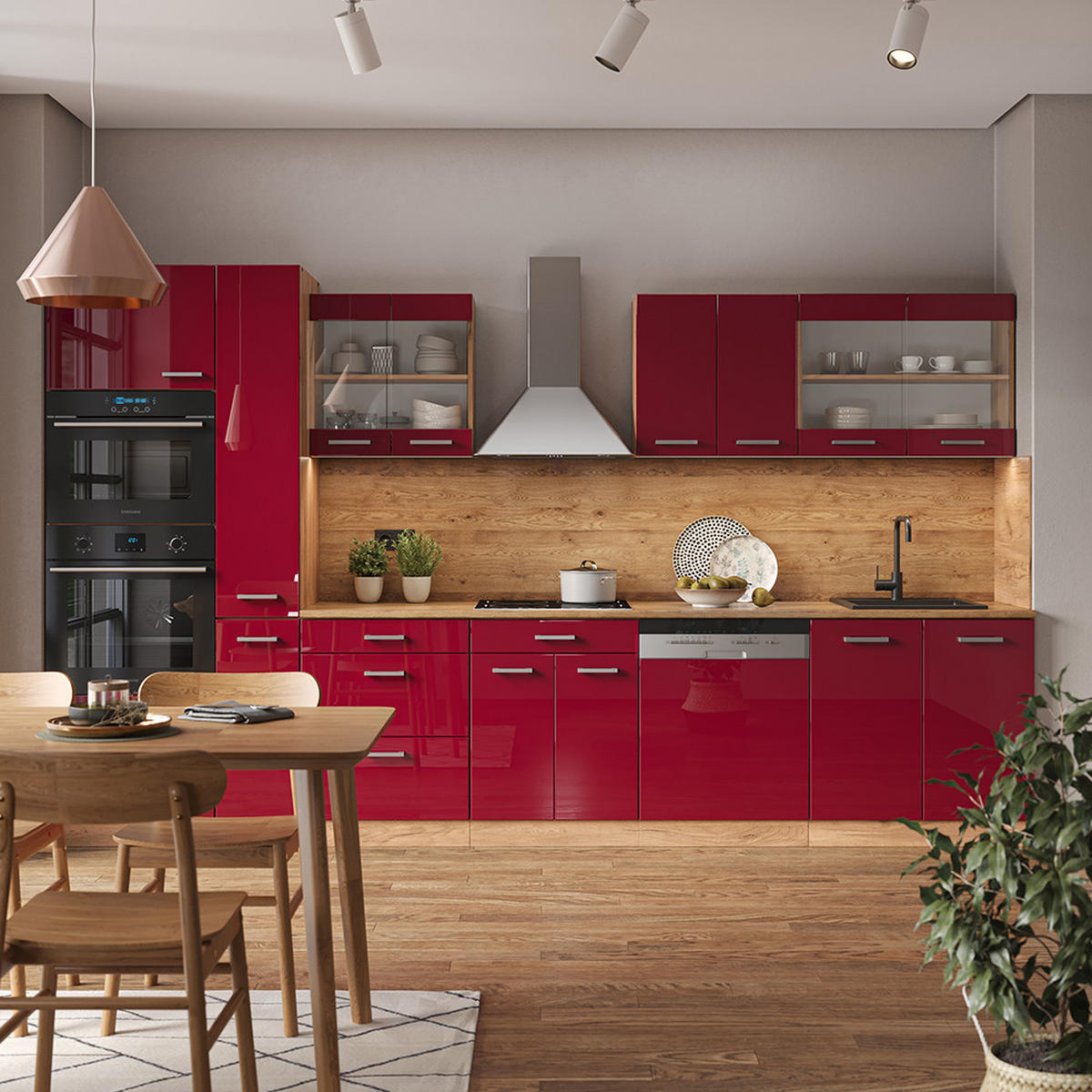 KÜCHENZEILE R-Line Rot Hochglanz/Goldkraft Eiche 350 cm mit Hochschrank, ohne Arbeitsplatte - Rot/Eiche Wotan, Holzwerkstoff (350/81.6/46cm) - Vicco