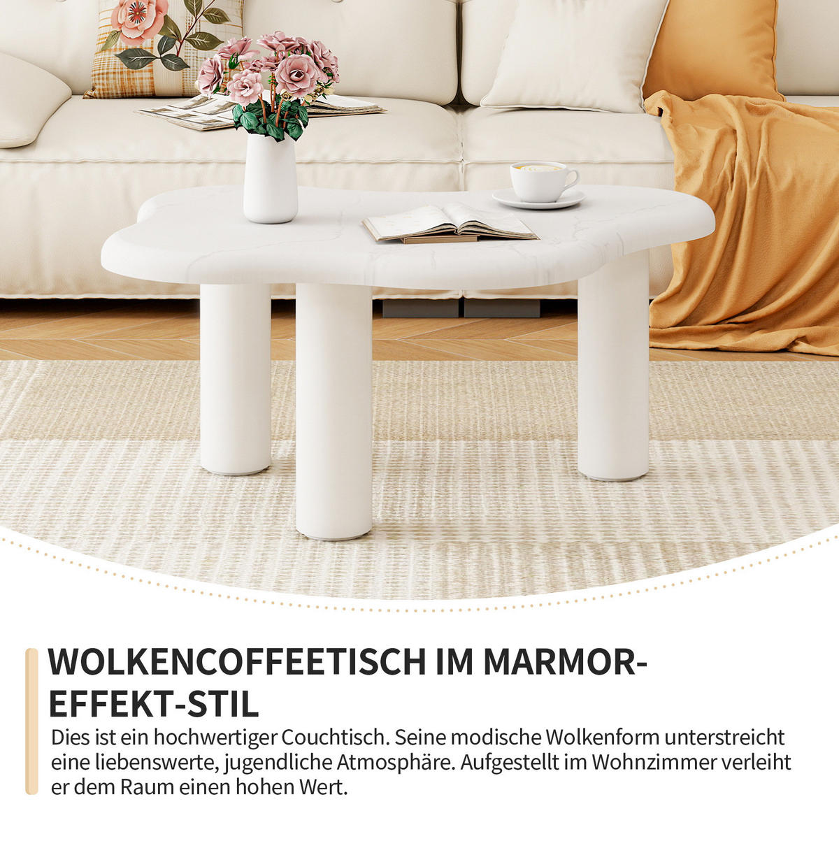 COUCHTISCH 90/62/40 cm weiß aus Holzwerkstoff in Marmoroptik mit wolkenförmiger Tischplatte - Weiß, Holzwerkstoff (90.8/62.5/40cm) - OKWISH