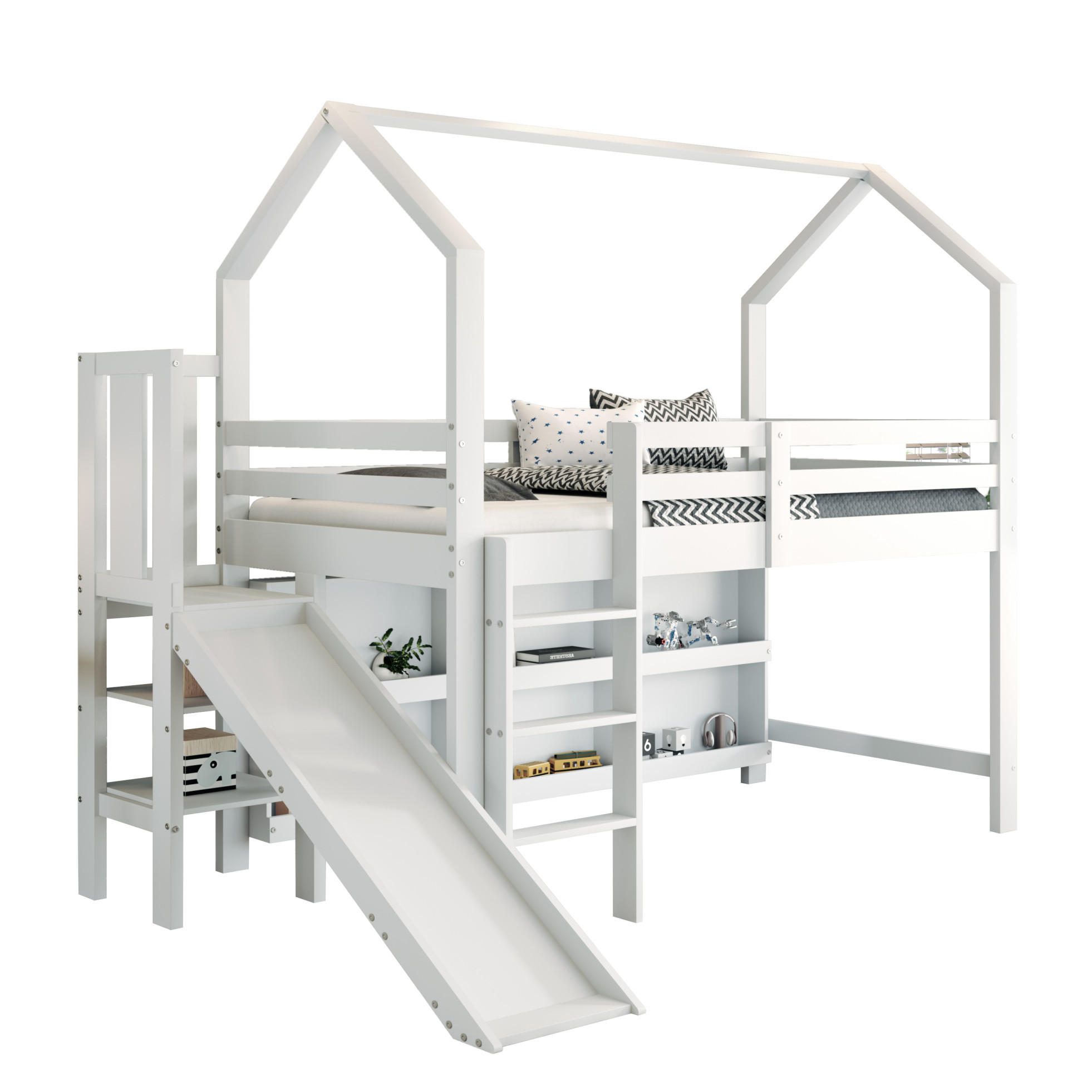 OKWISH PATROVÁ postel 90/200 cm bílá z masivního dřeva a MDF se skluzavkou, schody a úložným prostorem