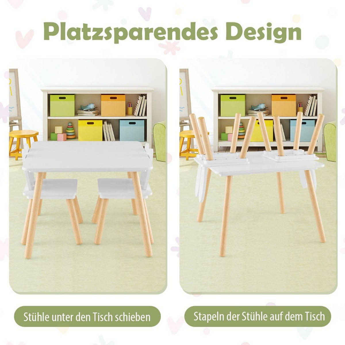 KINDERTISCH mit 2 Stühlen weiß(3-tlg) - Weiß, Holzwerkstoff (62/43/62cm) - COSTWAY