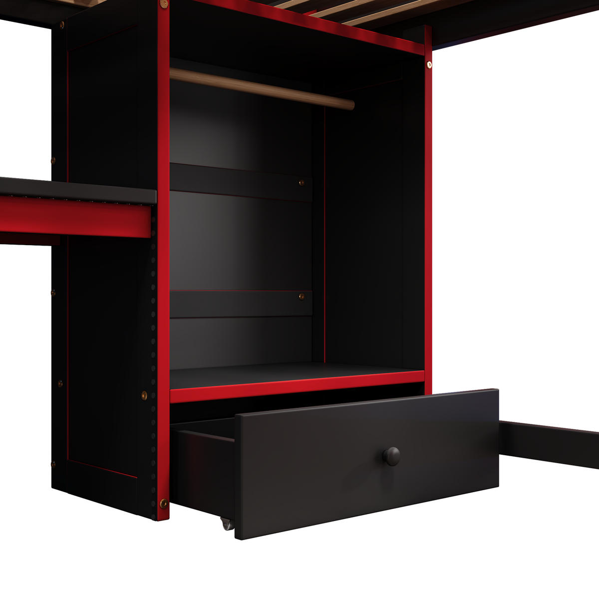 HOCHBETT aus Kiefernholz 140x200 cm in Schwarz-Rot mit LED & Schreibtisch - Schwarz, Holz (140/200cm) - Modfu