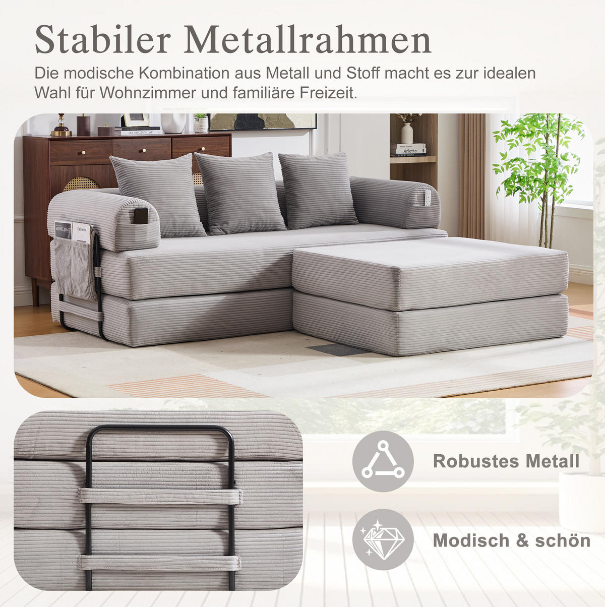 SOFA 200/190/67 cm in Hellgrau aus Cord mit Hocker - Hellgrau, Textil (190/67/200cm) - Flora Grace