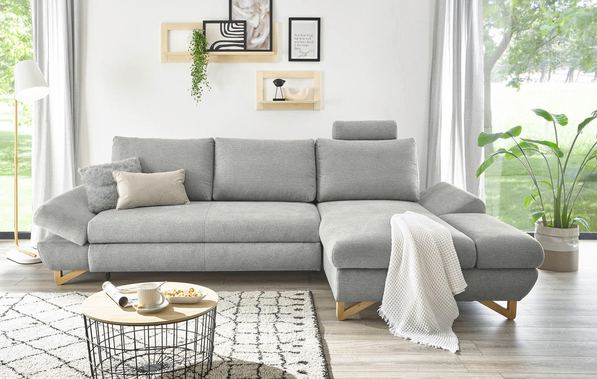 ECKSOFA hellgrau Struktur-Stoff, Sofa mit Bettfunktion und Stauraum 284 cm - Hellgrau, Holz/Textil (284/166cm) - Furn.Design
