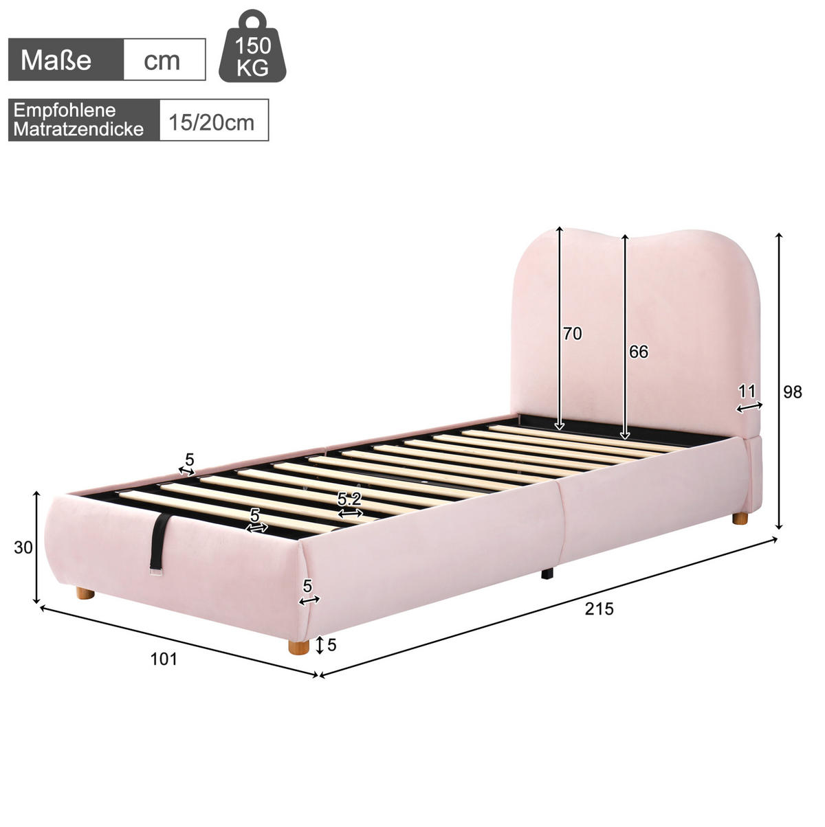 SAMT-POLSTERBETT 90/200 cm mit Bettkasten und gepolstertem Kopfteil in Rosa - Rosa, Textil (90/200cm) - BEAOK