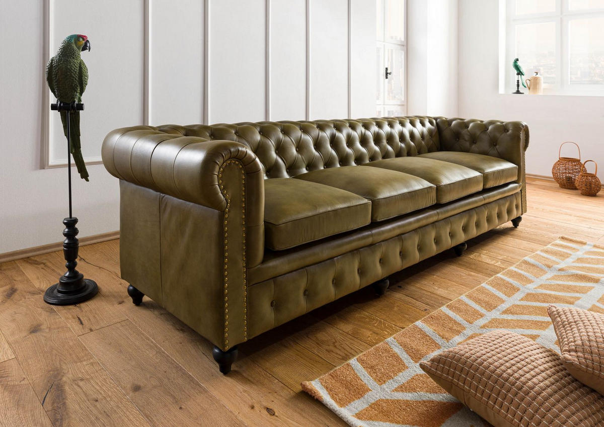 SOFA 4-Sitzer Echtleder 274x82x75 grün CHESTERFIELD #304 - Grün, Leder (274/75/82cm) - Massivmoebel24