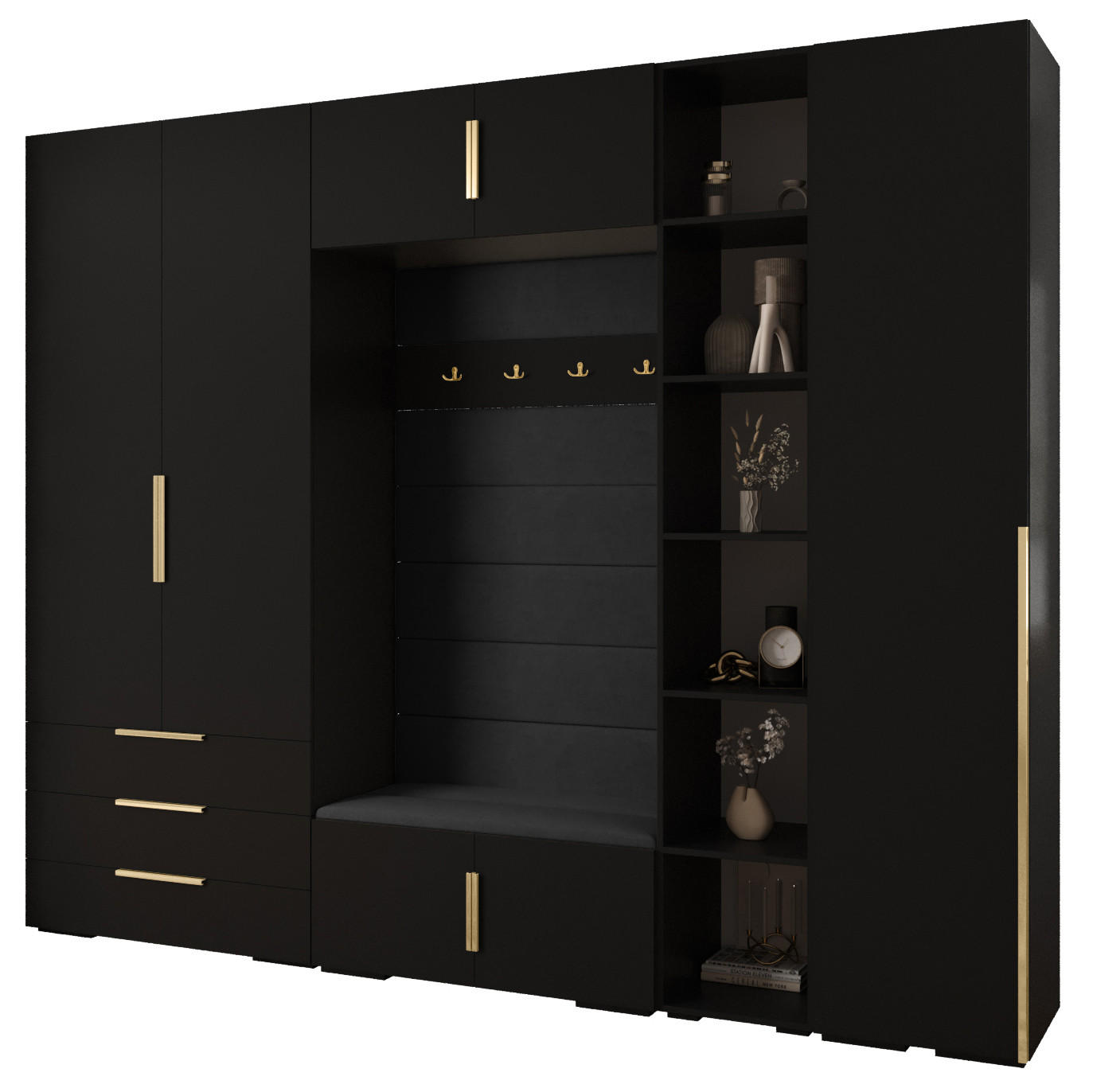 Abiks Möbel Garderoben-Set Schwarz, Schwarz, Gold 290x236.7x47 cm