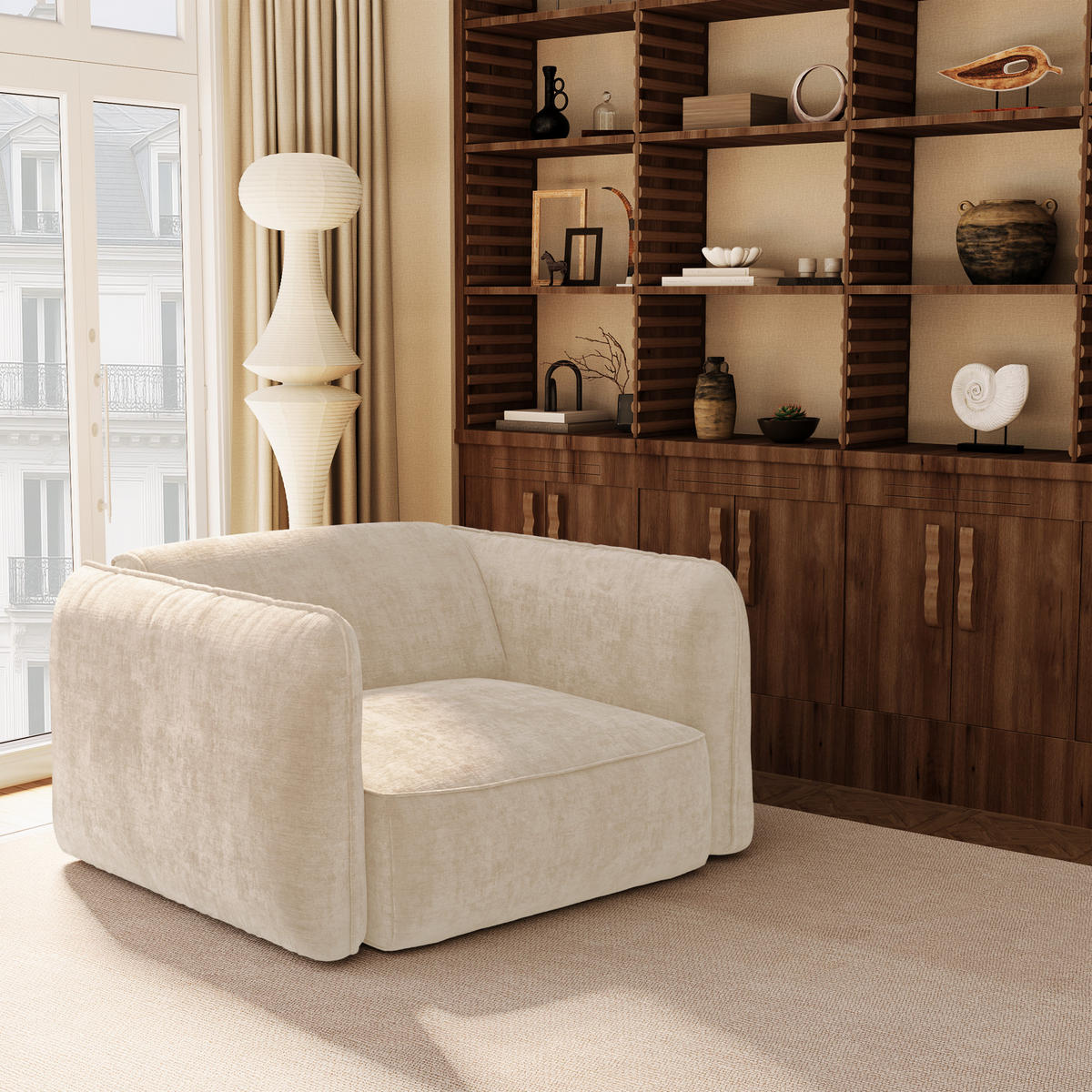 SESSEL LOMI Geprägter Samt Creme 118cm - Creme, Textil (118/76/102cm) - Premium Interiors