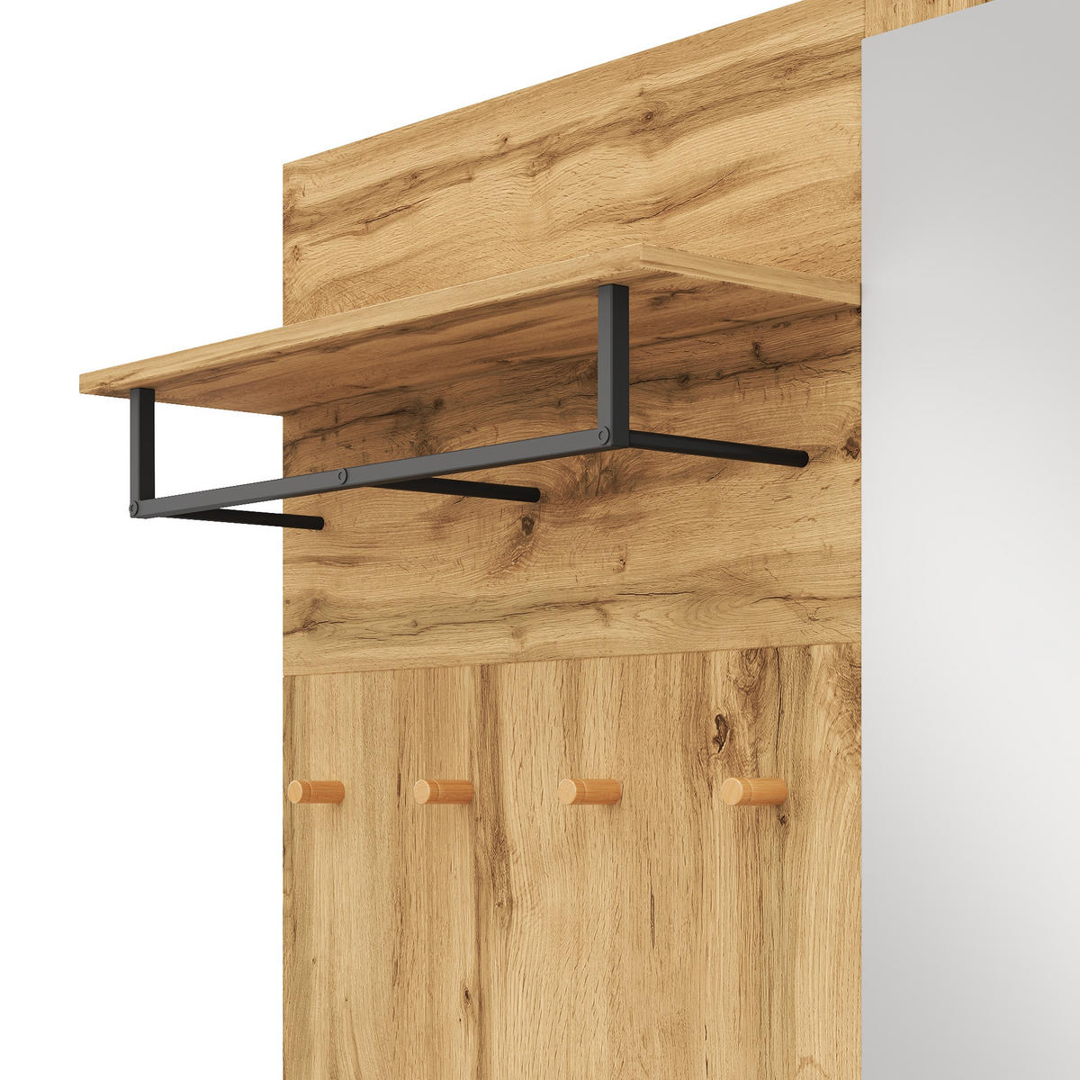 GARDEROBEN-SET in Naturfarben Kleiderschrank-Set mit Spiegel, Sitzbank, Schuhregal und Haken für Flur, B100/T38/H185cm - Schwarz/Naturfarben, Glas/Holzwerkstoff (100/185/38cm) - STILVORA