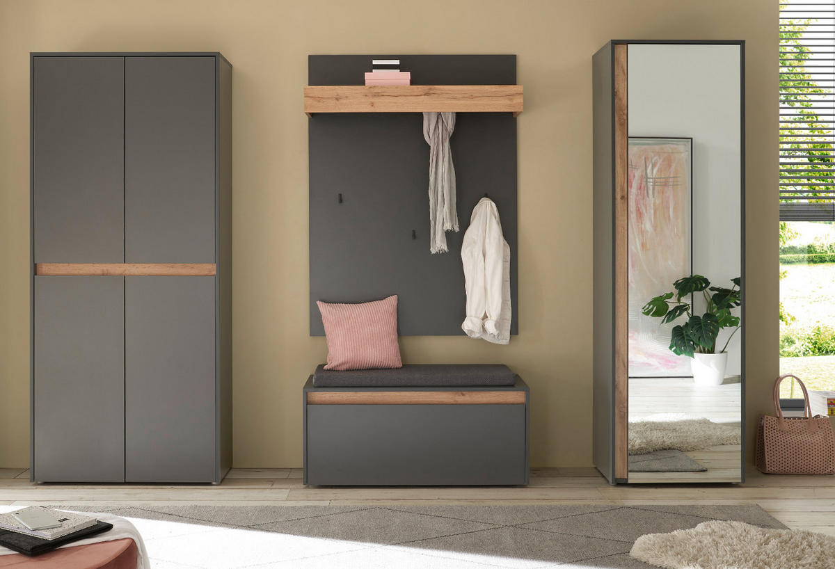 SCHUHSCHRANK grau matt, Eiche Wotan 85 x 195 cm, Flurschrank 4-türig - Eiche Wotan/Schwarz, Holzwerkstoff/Kunststoff (85/195/35cm) - Furn.Design