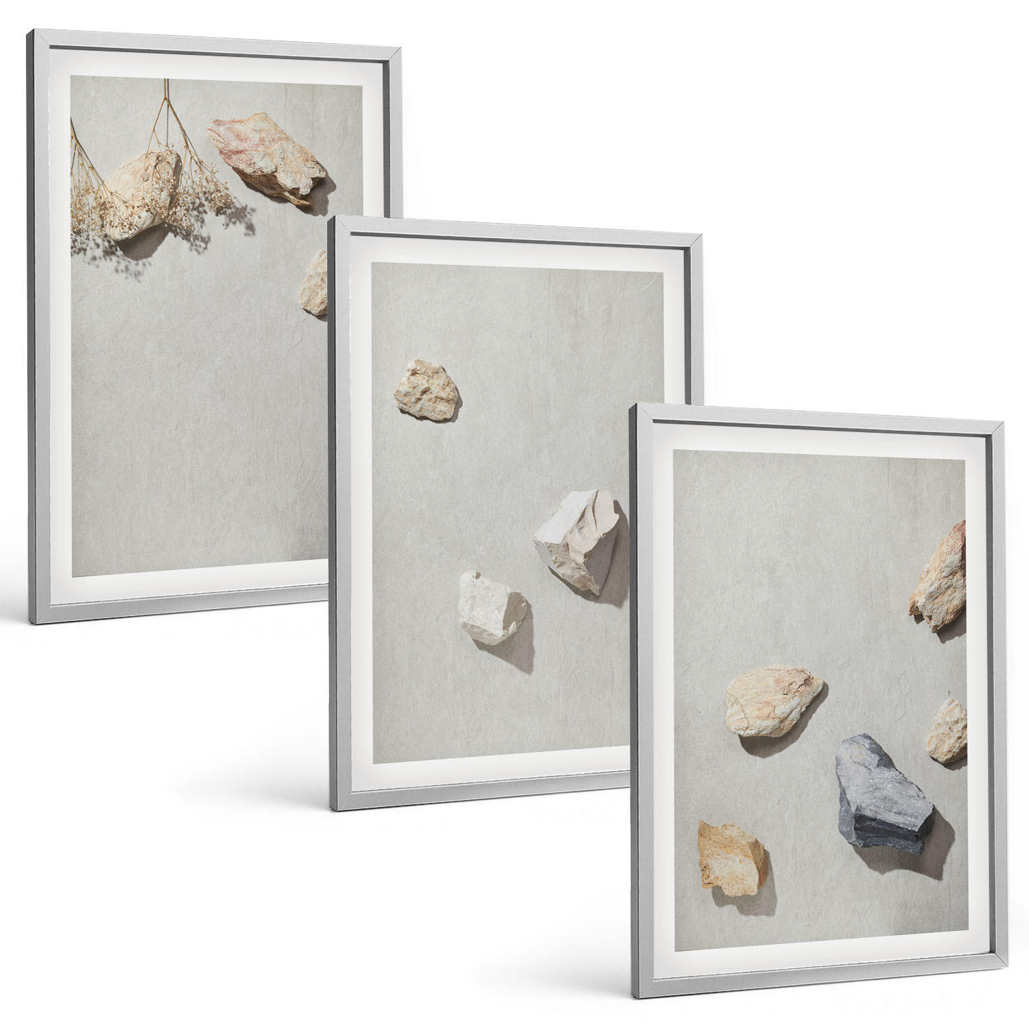 BILDER SET 3er Set - 40x60 cm Silberner Rahmen - Boho-Stranddekorationen aus Steinen - Silberfarben, Kunststoff (40/60cm) - TULUP