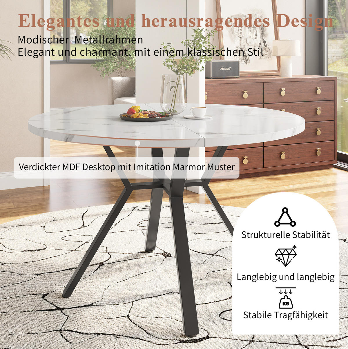 ESSTISCH rund, MDF in Marmoroptik mit /-Metallgestell, Ø 100/75 cm, Weiß/Schwarz - Schwarz, Holzwerkstoff (100/100/75cm) - Redom