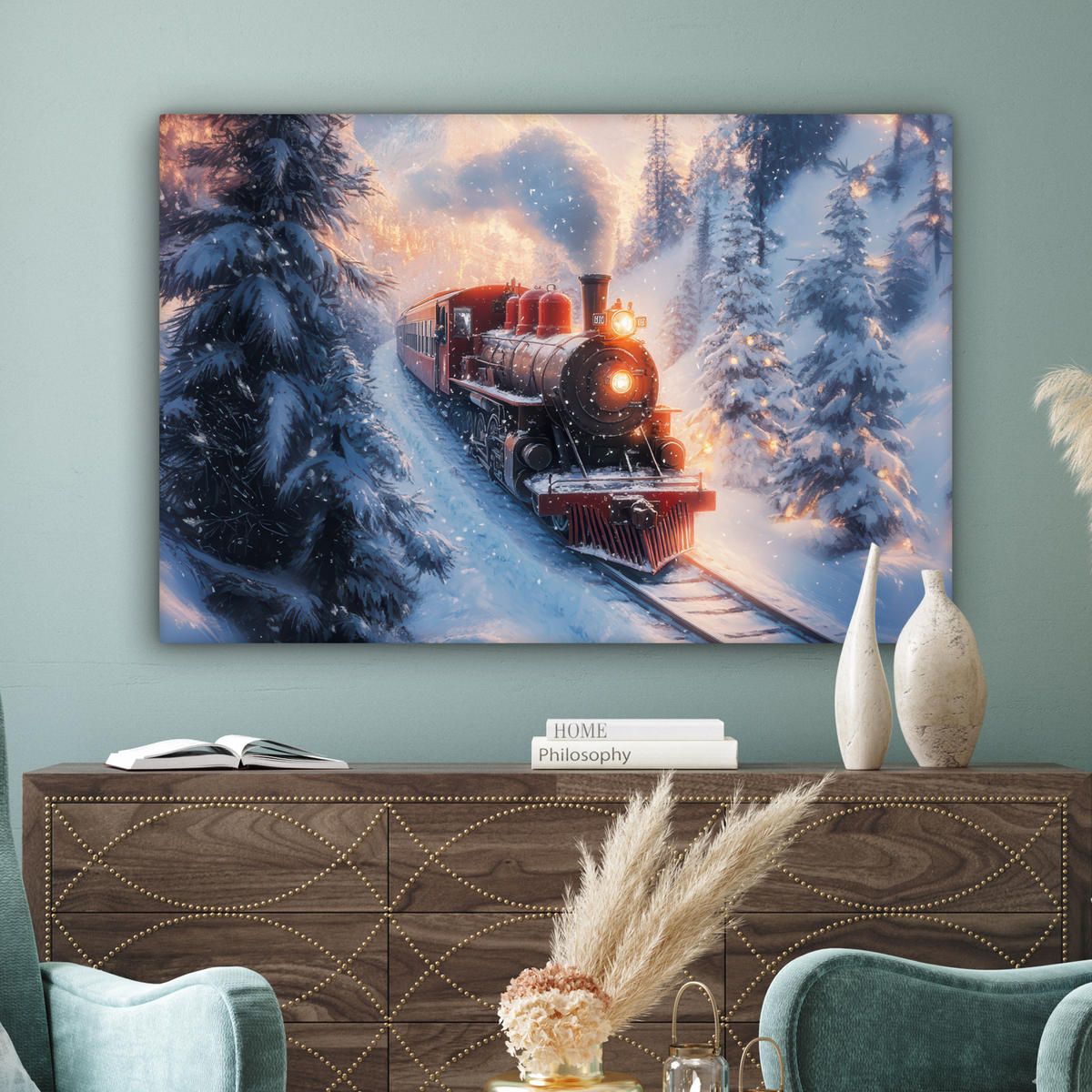 LEINWANDBILD Weihnachtszug - Schnee - Winter - Weihnachten Wohnzimmer 120x80 cm - Dunkelrot, Textil (120/80cm) - MuchoWow