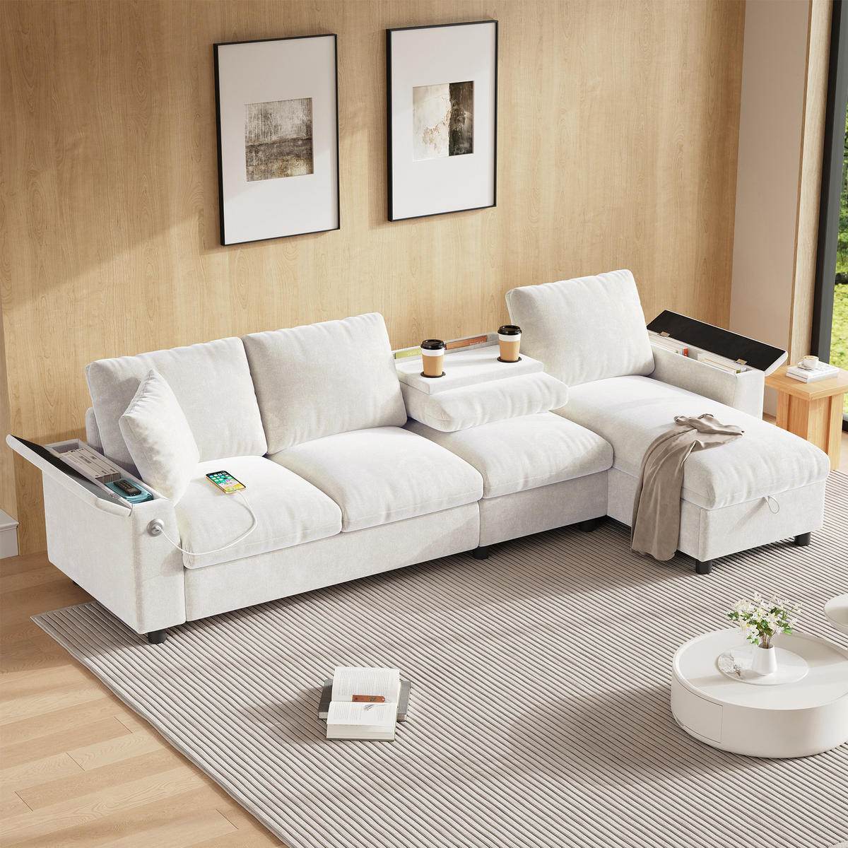 SOFA Beige L-Form Chenille Stauraum USB ausziehbar Tisch - Beige, Textil (137/84/280cm) - FLIEKS