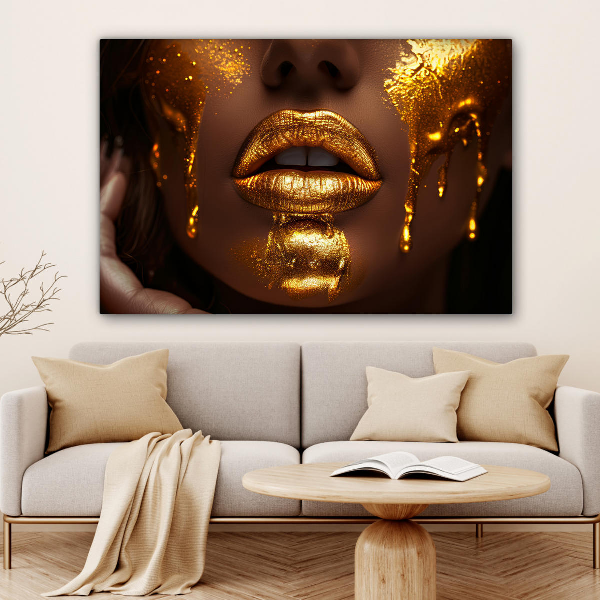 LEINWANDBILD Frau - Gold - Luxus - Porträt Wohnzimmer Groß 120x80 cm - Goldfarben, Textil (120/80cm) - MuchoWow