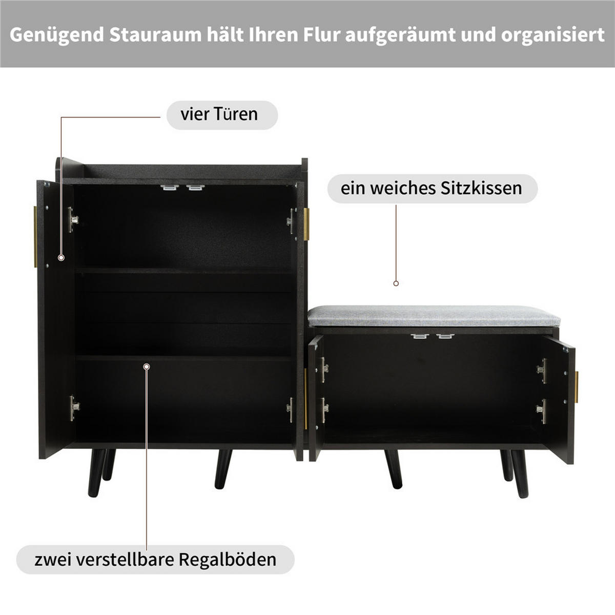 SCHUHSCHRANK Schuhbank 120x34x82 cm Metallgriffe Schwarz - Schwarz, Holz (120/82/34cm) - Kaket