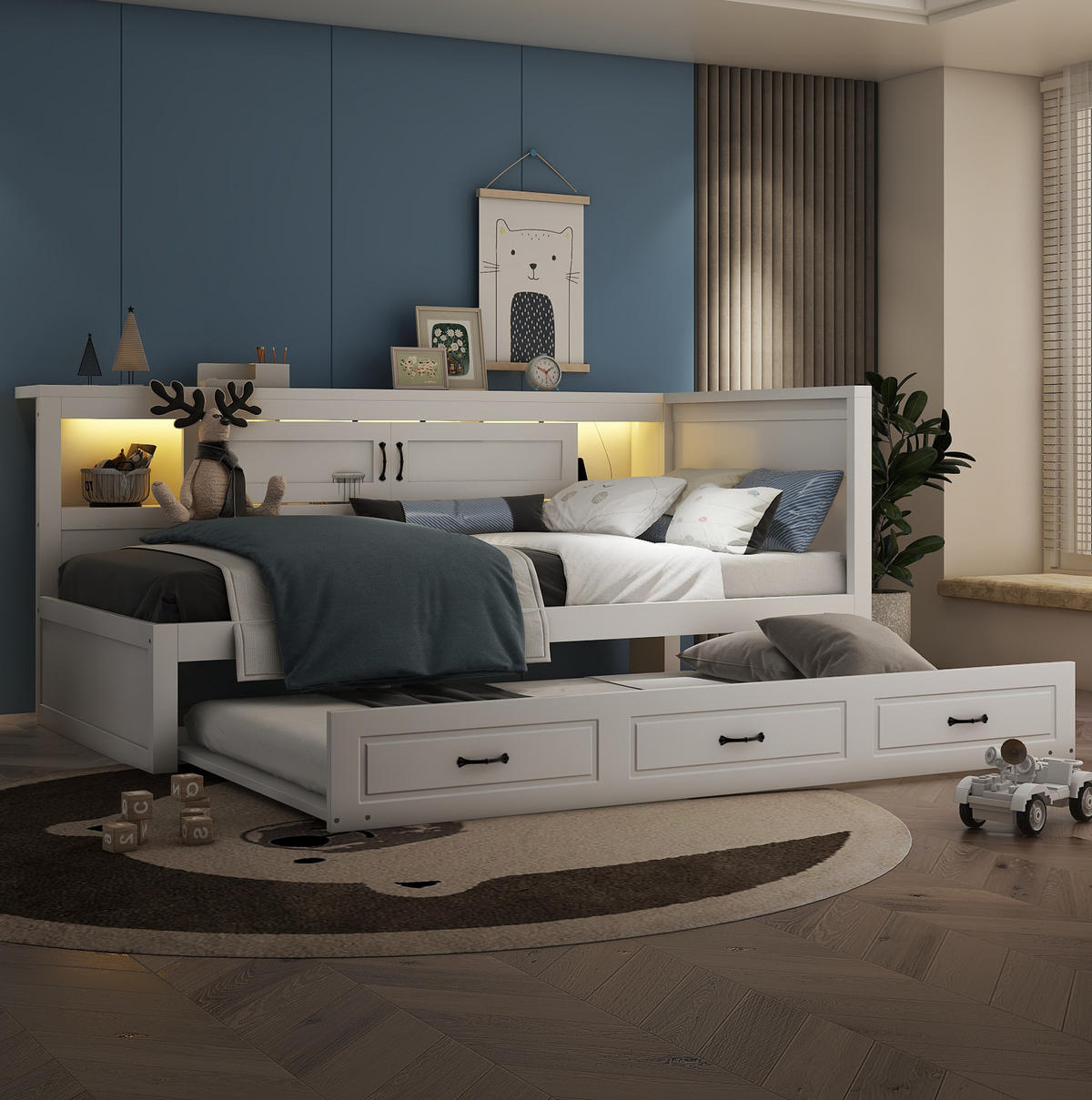 MULTIFUNKTIONSBETT 90/200 cm weiß mit LED-Beleuchtung und USB-Anschlüssen - Weiß, Holzwerkstoff (90/200cm) - OKWISH