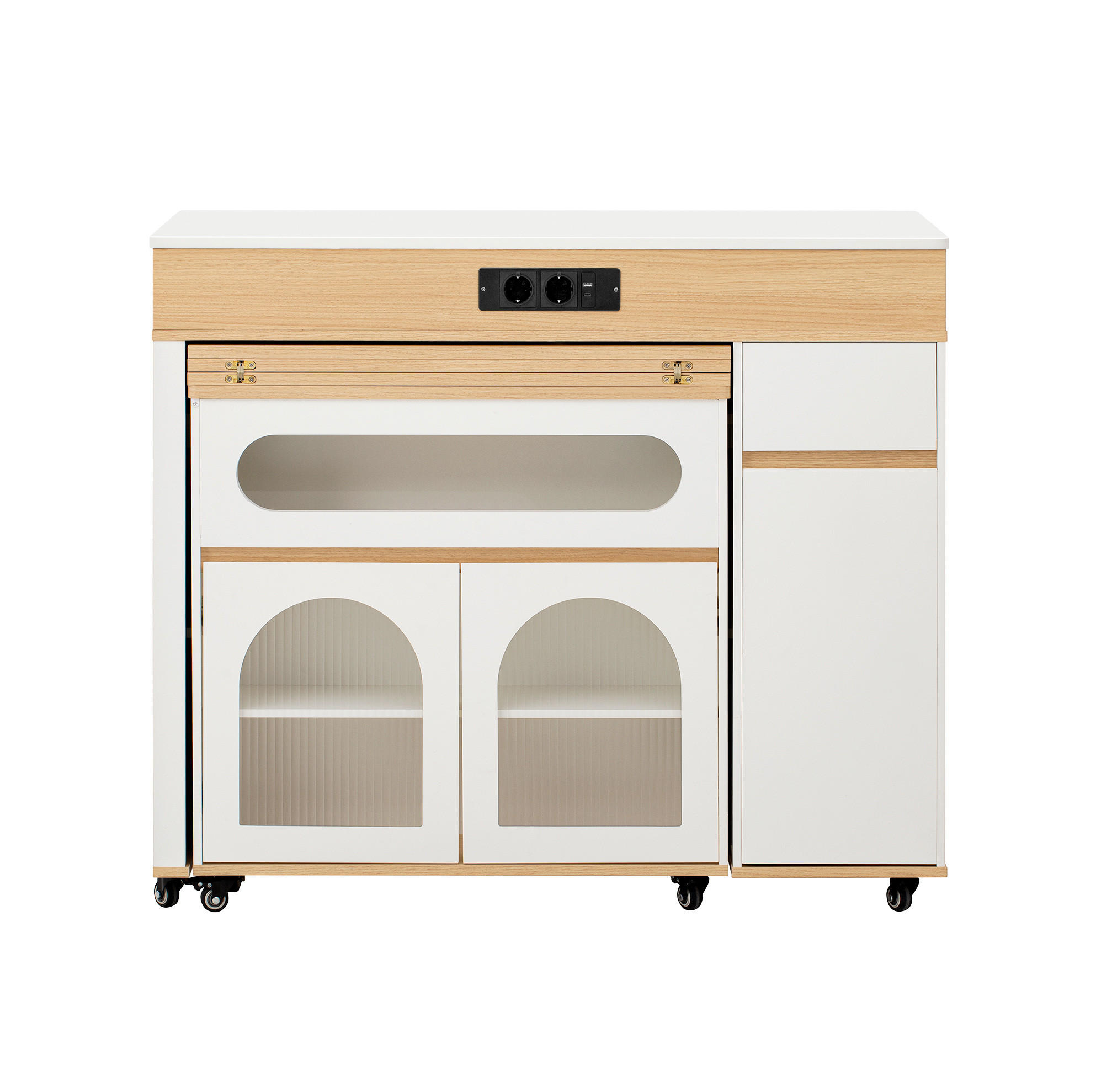 KÜCHENINSEL 50,5-187,5/110,5/95,5 cm aus MDF mit ausziehbarer Tischplatte und Steckdosenleiste Weiß/Natur - Weiß, Holzwerkstoff (110.5/95.5/50.5cm) - Modenvie