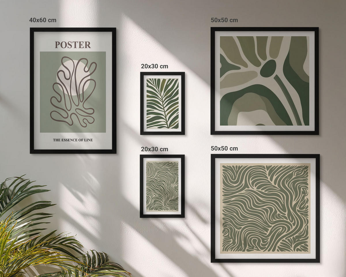 WANDBILDER 5er-Set - 50x50 cm & 20x30 cm & 40x60 cm Schwarzer Rahmen - Blattmuster und wellenförmige Formen - Schwarz, Kunststoff (40/60cm) - ArtPrintCave