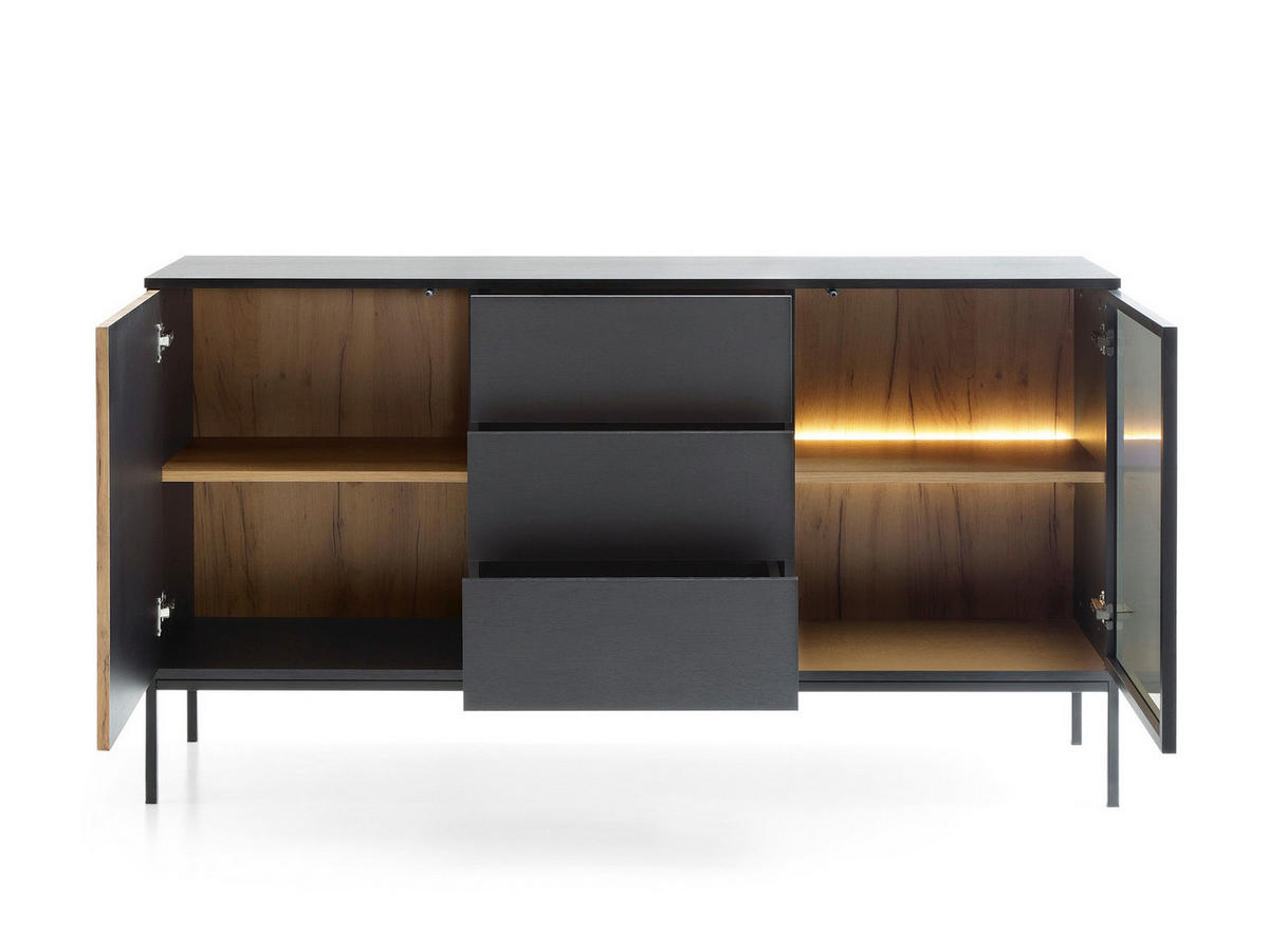 KOMMODE Lagos 154 cm mit drei Schubladen Schwarz und Wotan Eiche - Eiche Wotan/Schwarz, Holzwerkstoff/Metall (154/83/39cm) - Ravio