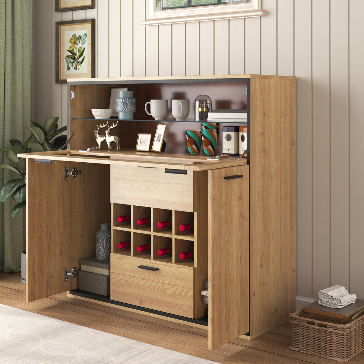 SIDEBOARD Weinschrank Glas Regal - Naturfarben, Holzwerkstoff (110/111/38cm) - LEBENLANG