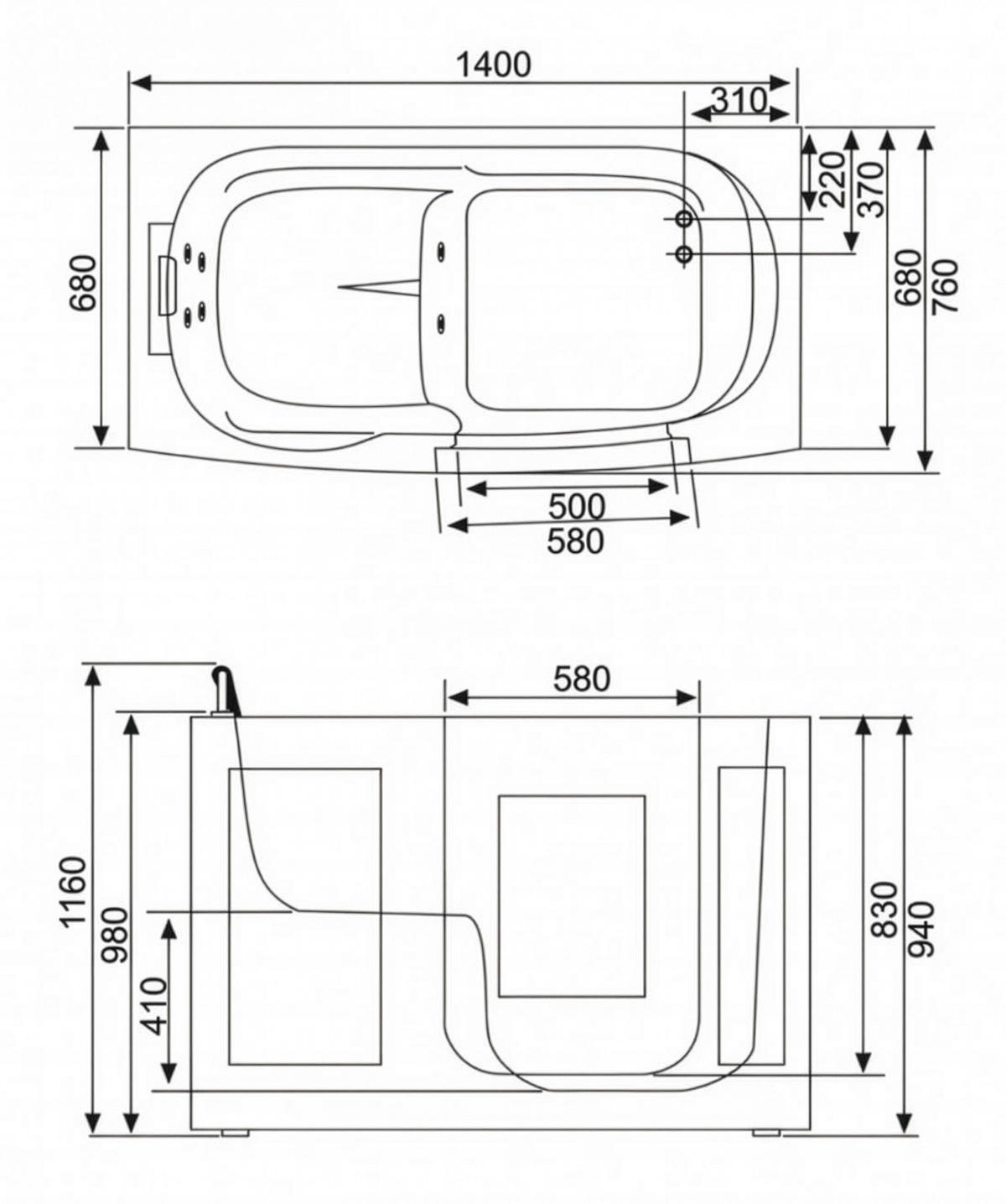SITZBADEWANNE Senioren Wanne mit Tür S07-TH-B-L 140x76cm - Weiß, Glas/Kunststoff (76/116/140cm) - AcquaVapore by Sandra Jentho