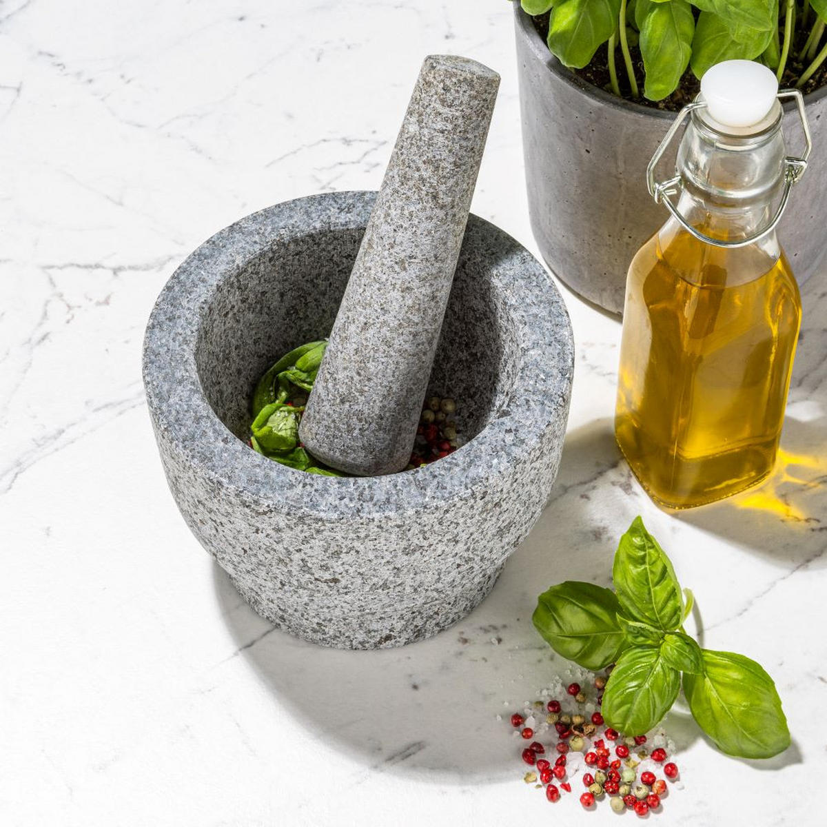 GRANITMÖRSER mit Stößel Maße: ca. Ø 15 x H 10cm - Transparent, Stein (15/15cm)
