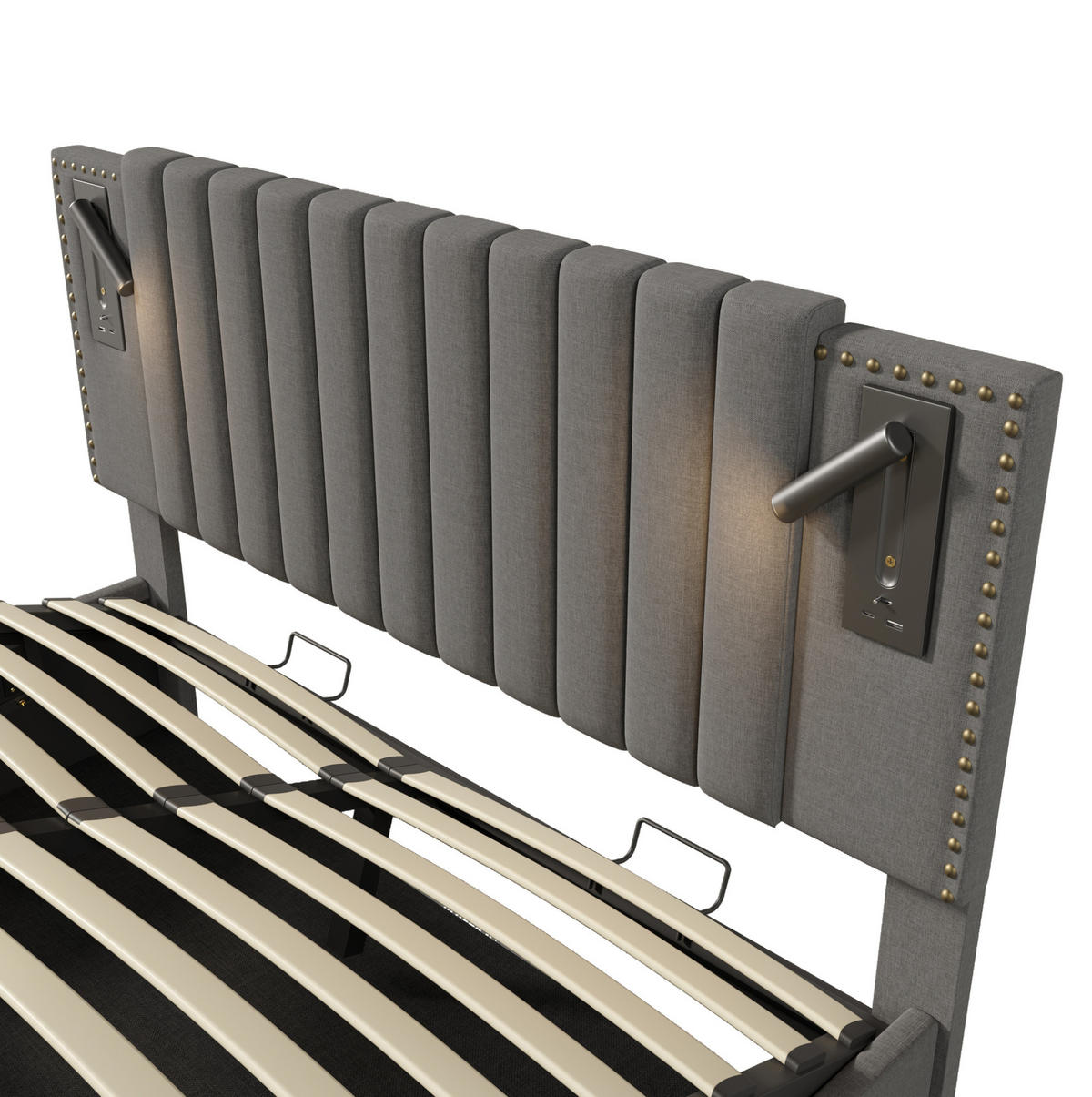 ČALÚNENÁ posteľ z bavlny 160x200 cm sivá s nastaviteľným čelom, čítacím svetlom, USB a úložným priestorom - sivá, textil (160/200cm) - Modfu