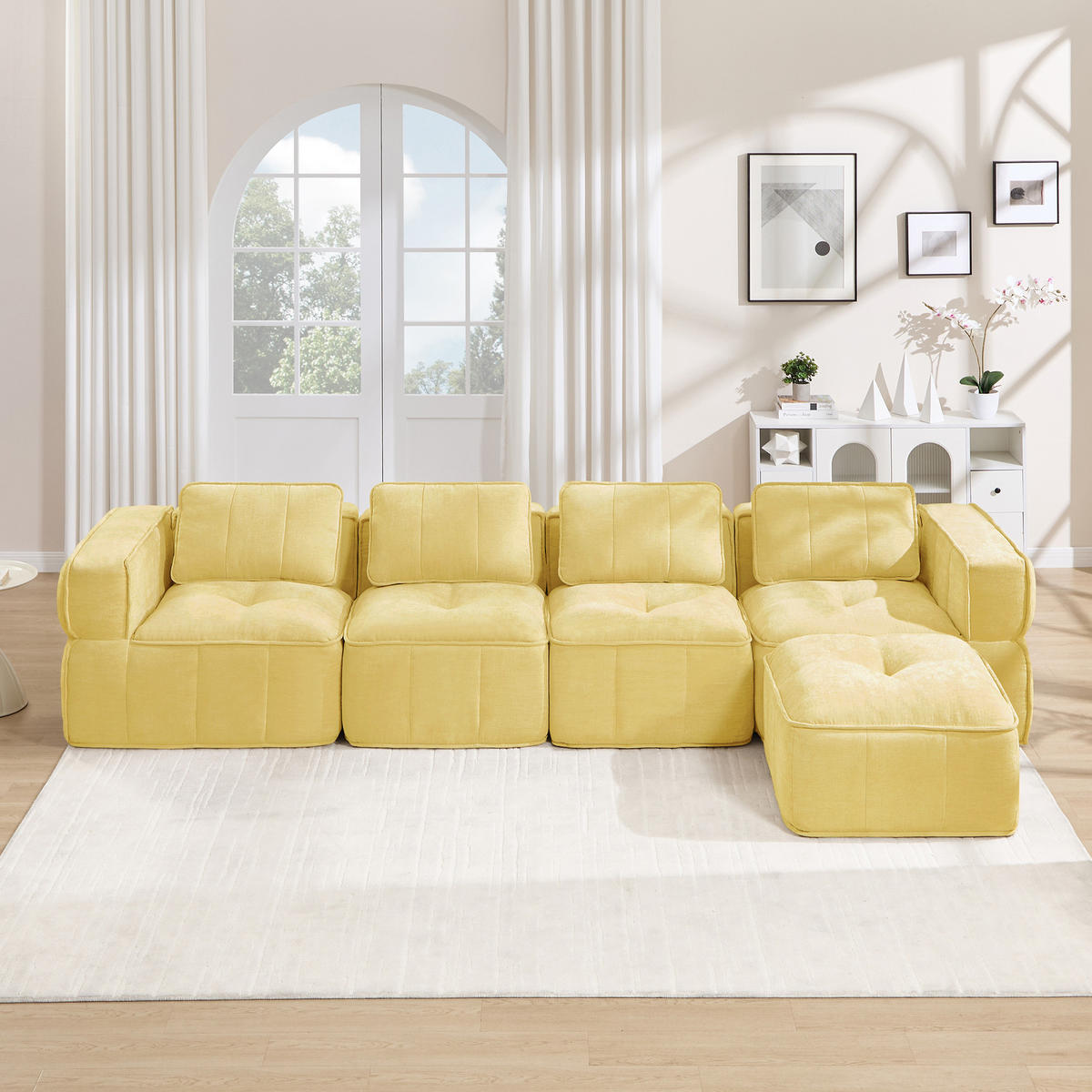 ECKSOFA DE-34428 4-Sitzer L-Form mit Hocker Gelb - Gelb, Textil (162/344cm) - ComfortXL