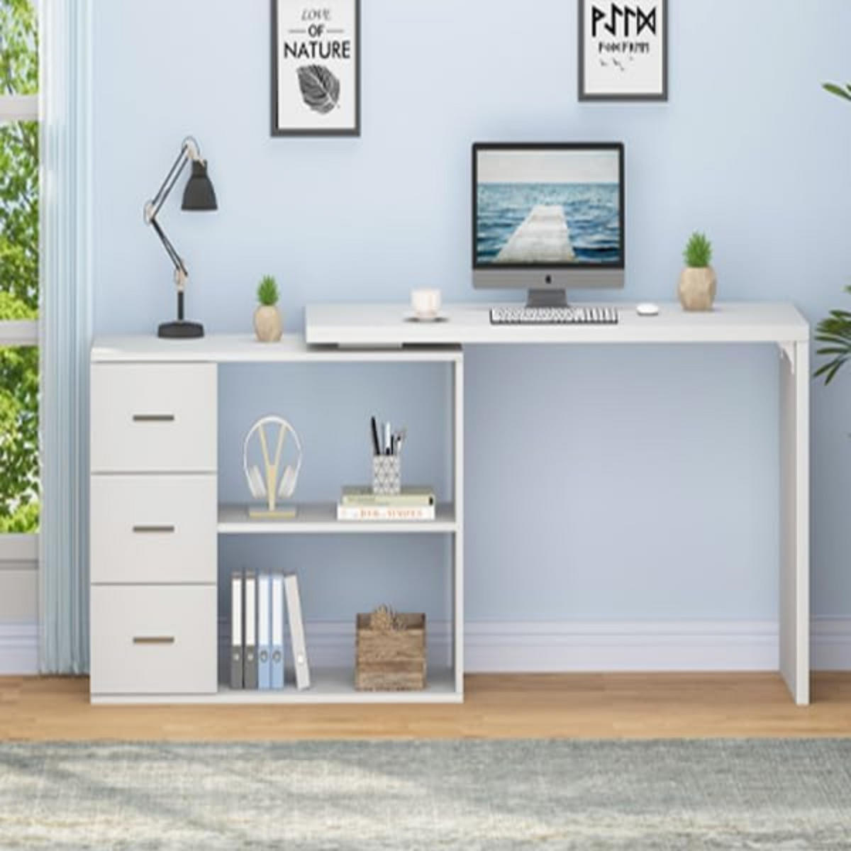 SCHREIBTISCH drehbar mit Schubladen 140 x 50 x 76 cm - Weiß, Holzwerkstoff/Metall (50/140/76cm) - Quality Elegance