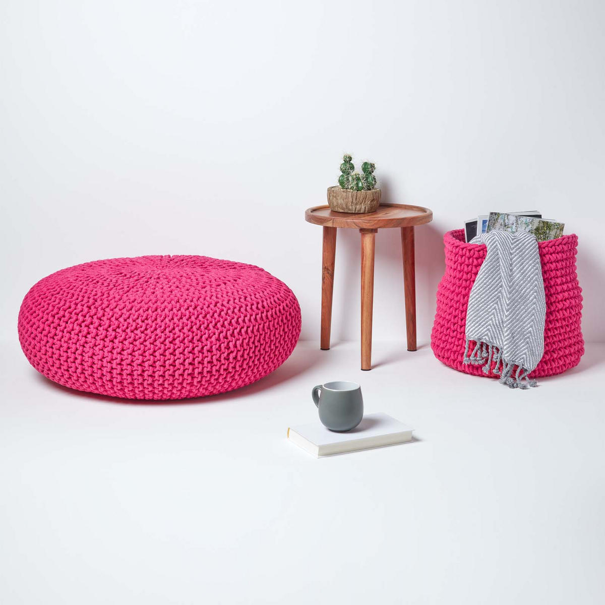 STRICK-POUF pink, Bodenkissen rund 70/70/23 cm - Pink, Textil (70/23/70cm) - Homescapes