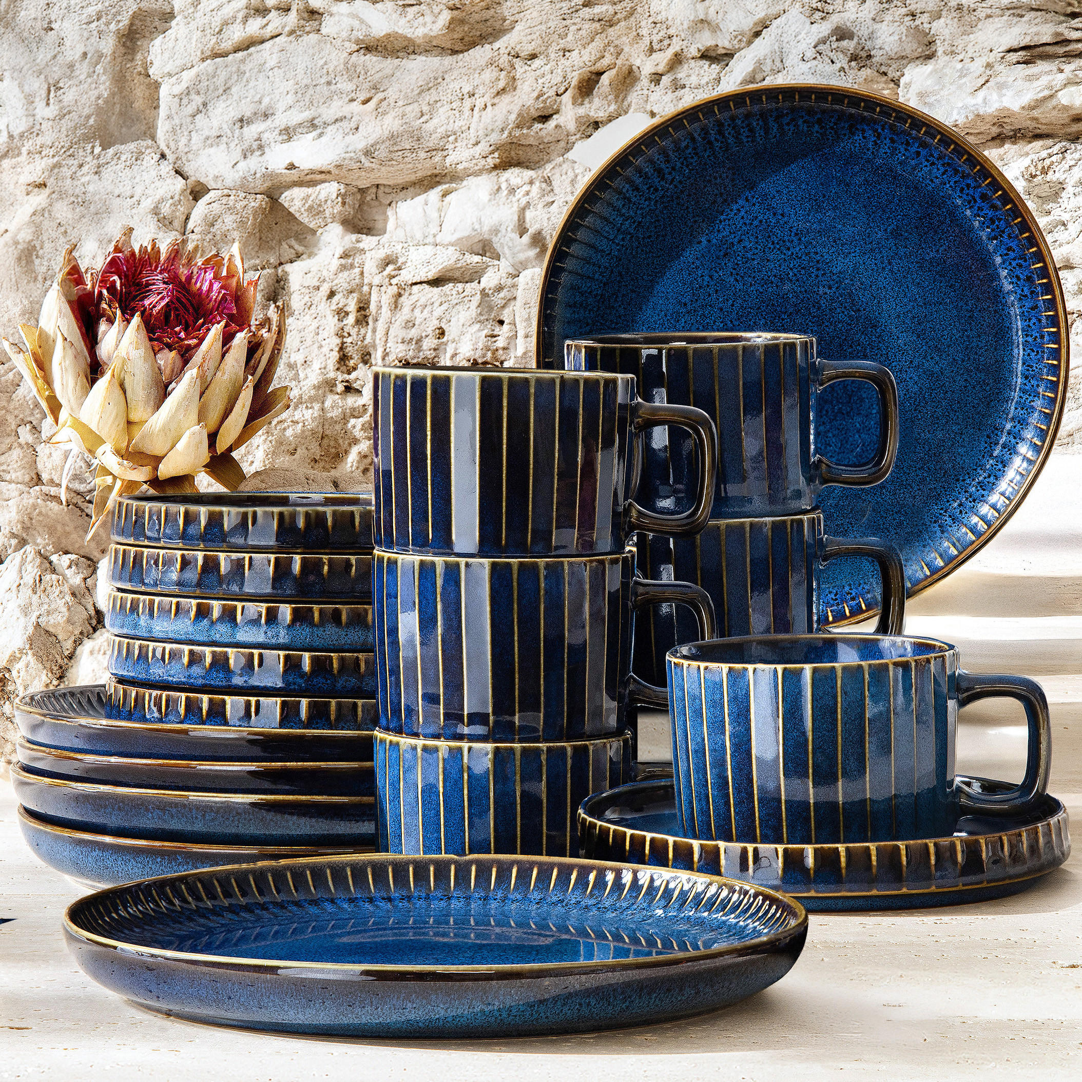 KAFFEESERVICE AD STRIPES 6 PERSONEN, 18-tlg - Dunkelblau, Keramik (14/6/14cm) - KONSIMO®