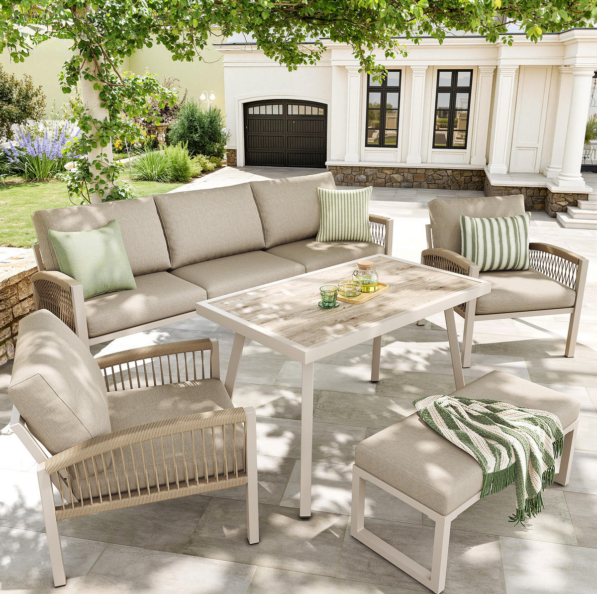 GARTENSETS aus Eisen 173.5x65x62.5cm Beige mit Holzoptik-Glasplatte - Beige, Metall - Modfu