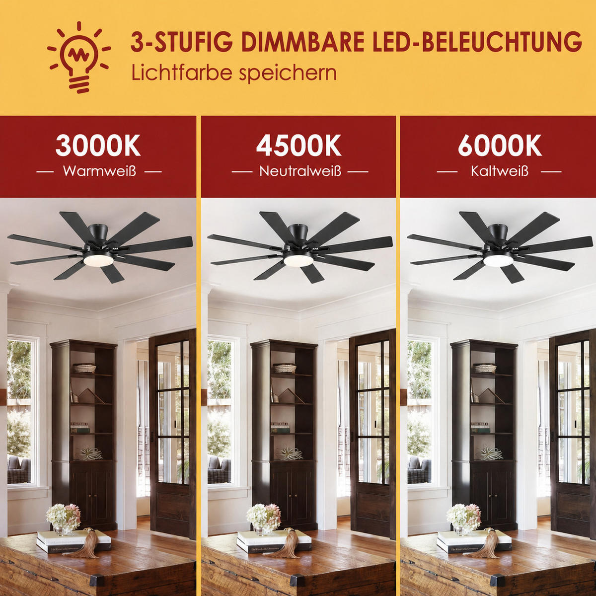 DECKENVENTILATOR Schwarz 132 cm mit 8 Flügeln LED und leisem DC-Motor - Schwarz, Metall (132/132/27cm) - Surtime
