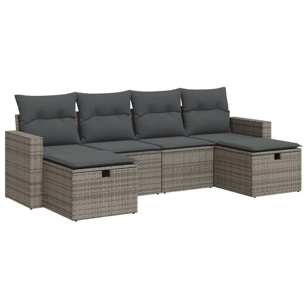 GARTEN-SOFAGARNITUR 6-TLG. Mit Kissen Grau Poly Rattan - Grau, Kunststoff - vidaXL