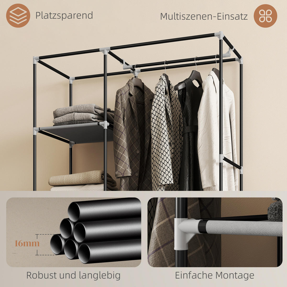 STOFFSCHRANK mit 6 Regalen und 1 Kleiderstange, platzsparende Aufbewahrungslösung in Hellgrau - Hellgrau, Metall (103/162.5/43cm)