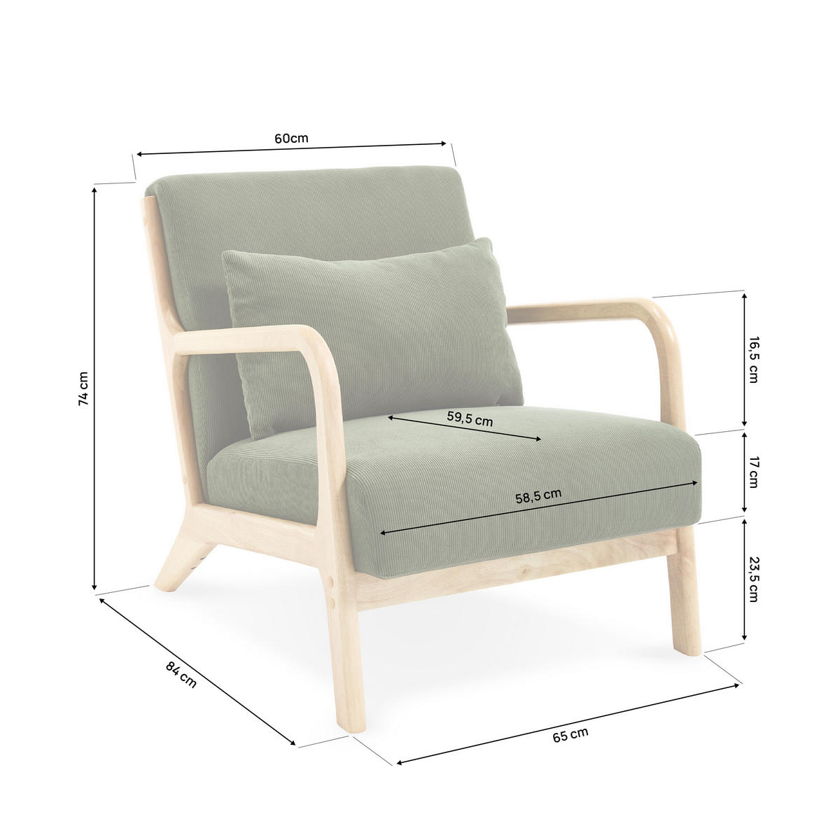 VINTAGE-SESSEL Marie aus skandinavischem Cord und Holz in Khaki - Akaziefarben/Grün, Holz/Textil (65/74/84cm) - Sicaan