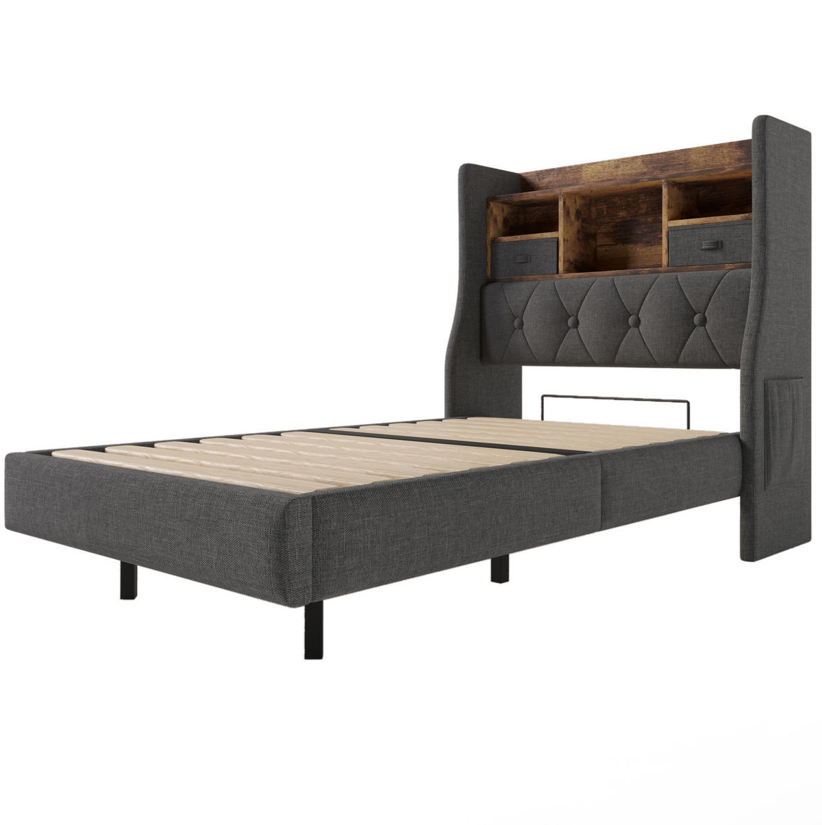BETT mit LED und Ladestation 90x200 cm Leinen Grau - Grau, Holz (90/200cm) - Meubliv