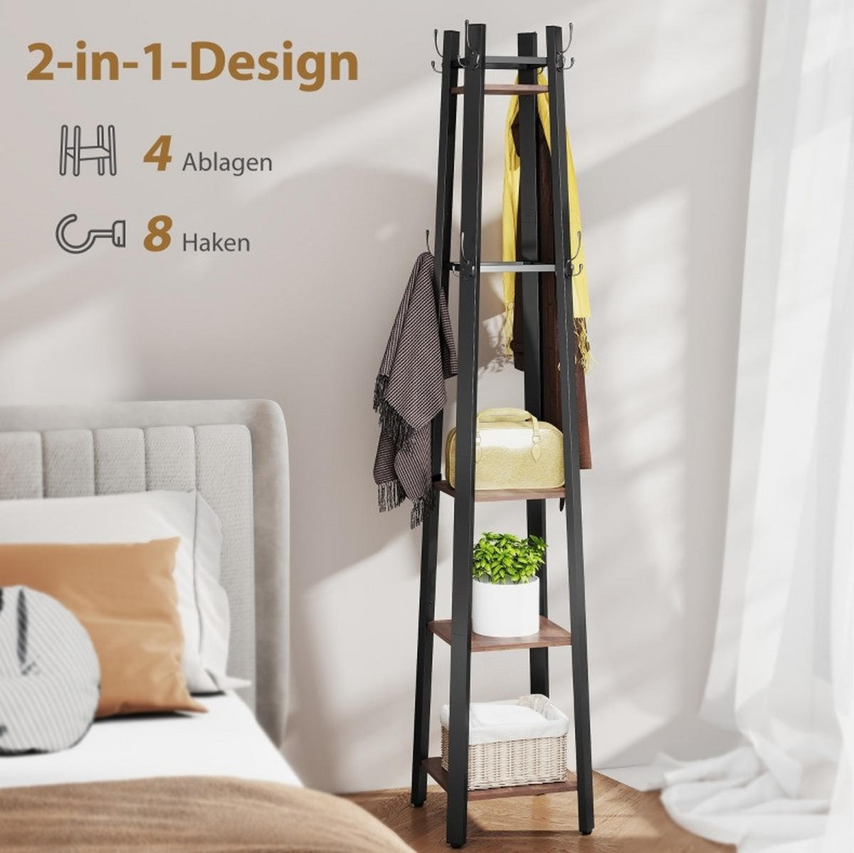 STANDGARDEROBE mit 8 Haken und 4 Ablagen, Industrial-Look, 34,8/34,8/179 cm - Braun, Holz (34.8/179/34.8cm) - BEAOK