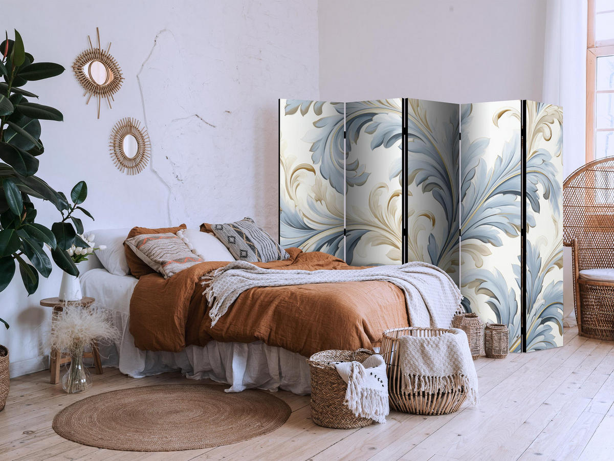PARAVÁN Akustický 5-dielny 225x172 cm Barokové Ornamenty - modrá, drevo/textil (225/172/3cm) - Muralo