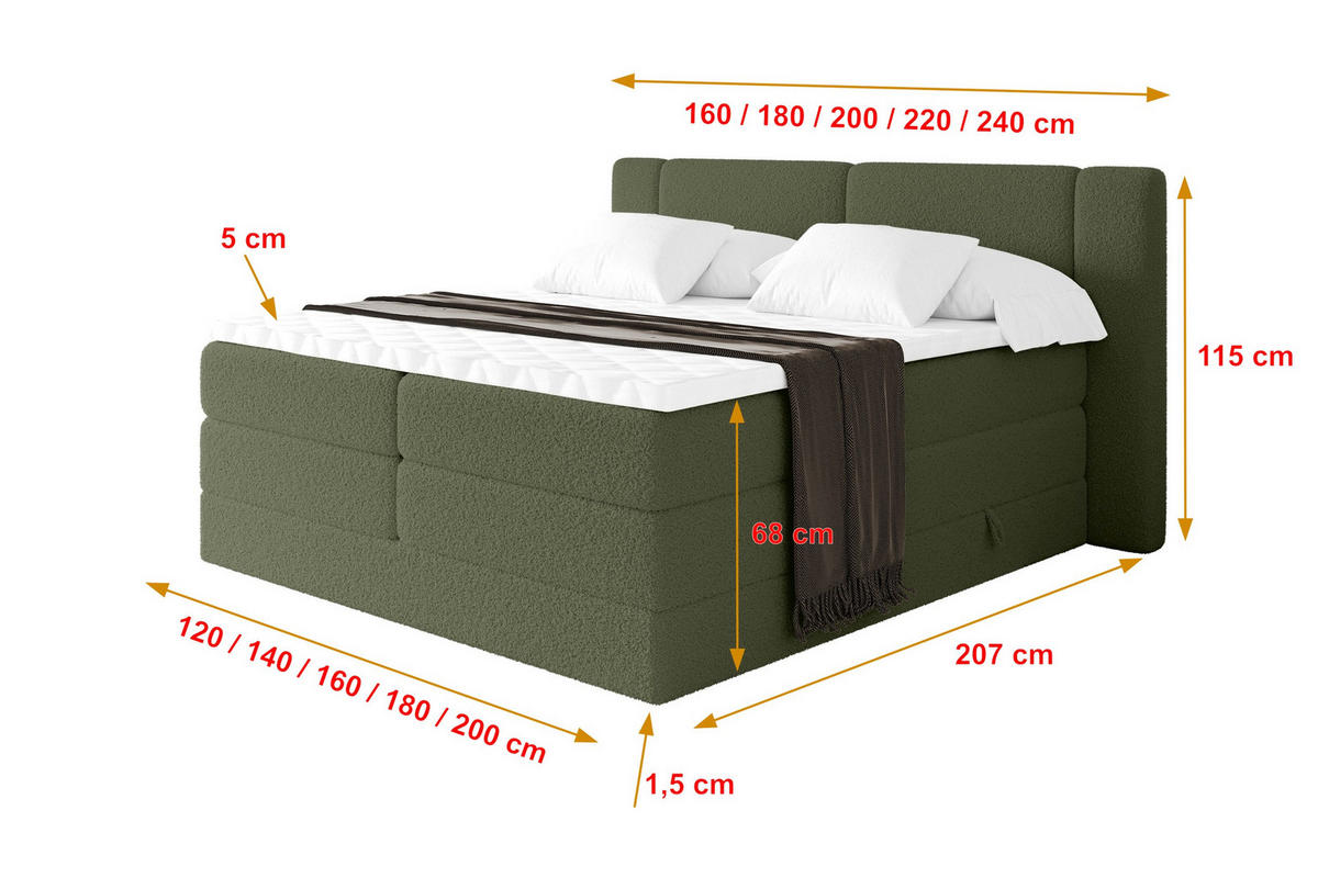 BOXSPRINGBETT mit Matratze H3/H4 - EVON KING - 140x200 cm Grün - Jadegrün, Holzwerkstoff (140/200cm) - ALTDECOR