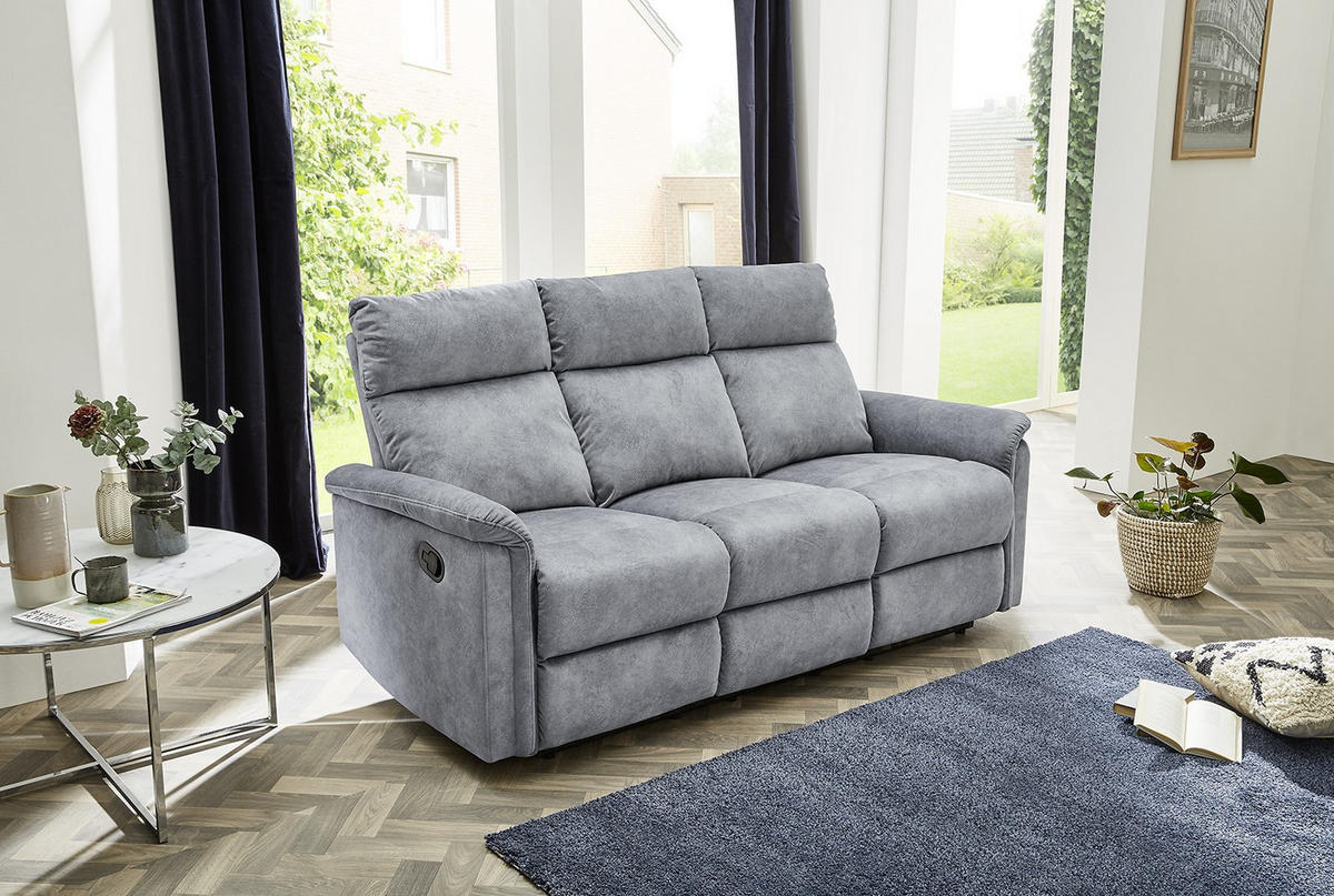3-SITZER-RELAXSOFA Federkern, Liegefunktion verstellbar durch halbautomatische Relaxfunktion B180/T90/H100 cm, Velours Vintage Grau / 15128 - Hellgrau/Schwarz, Textil (180/100/90cm) - luma-home