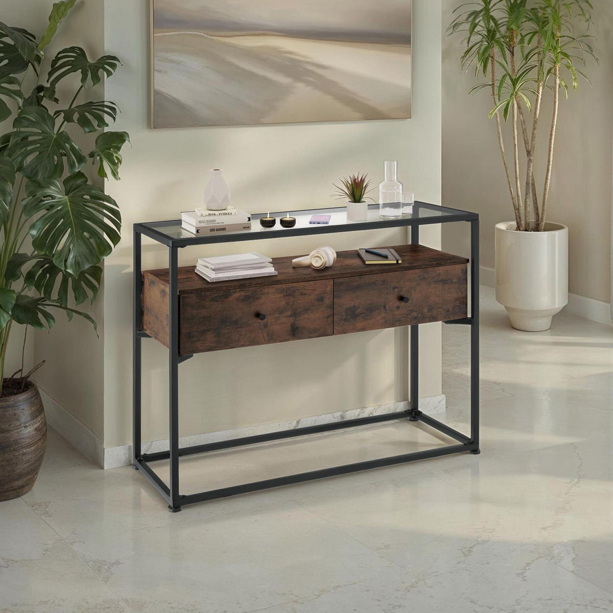 KONSOLENTISCH Reading,101,5 x 41,5 x 80,5 cm,Industrial Holz dunkel, rustikal - Rostfarben, Holzwerkstoff (101.5/41.5/80.5cm) - tectake