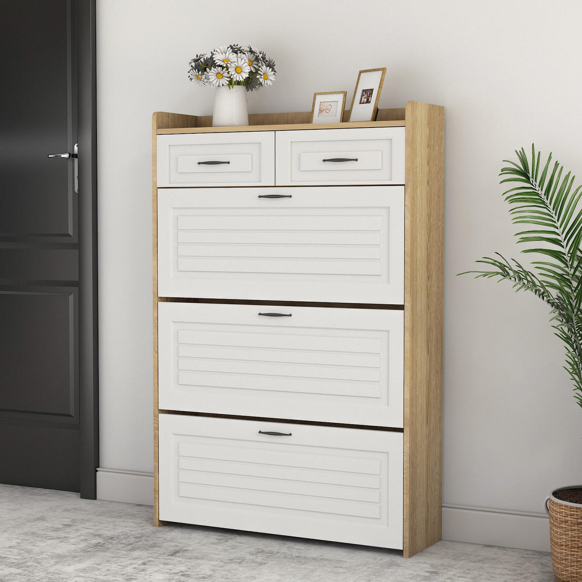 SCHUHSCHRANK mit 3 Klappen und 2 Schubladen 80 x 23,5 x 131 cm Weiß Natur - Braun, Holzwerkstoff (23.5/131/80cm) - Beauniv