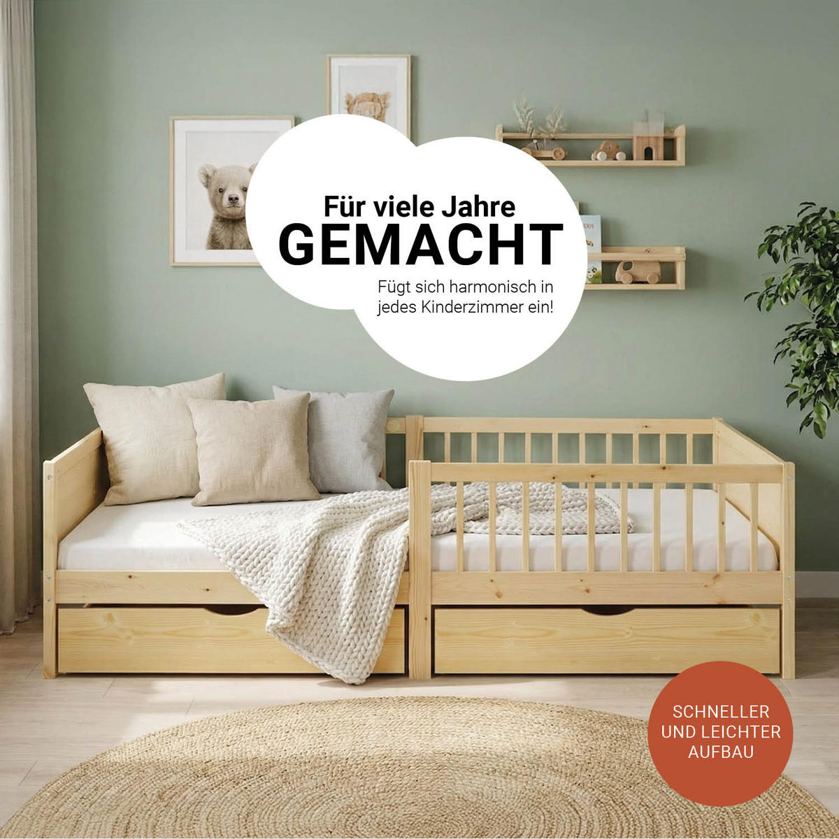 KINDERBETT Natur 90/200 Matratze 2 Bettkästen Rausfallschutz - Naturfarben, Holz (90/200cm) - Homestyle4u