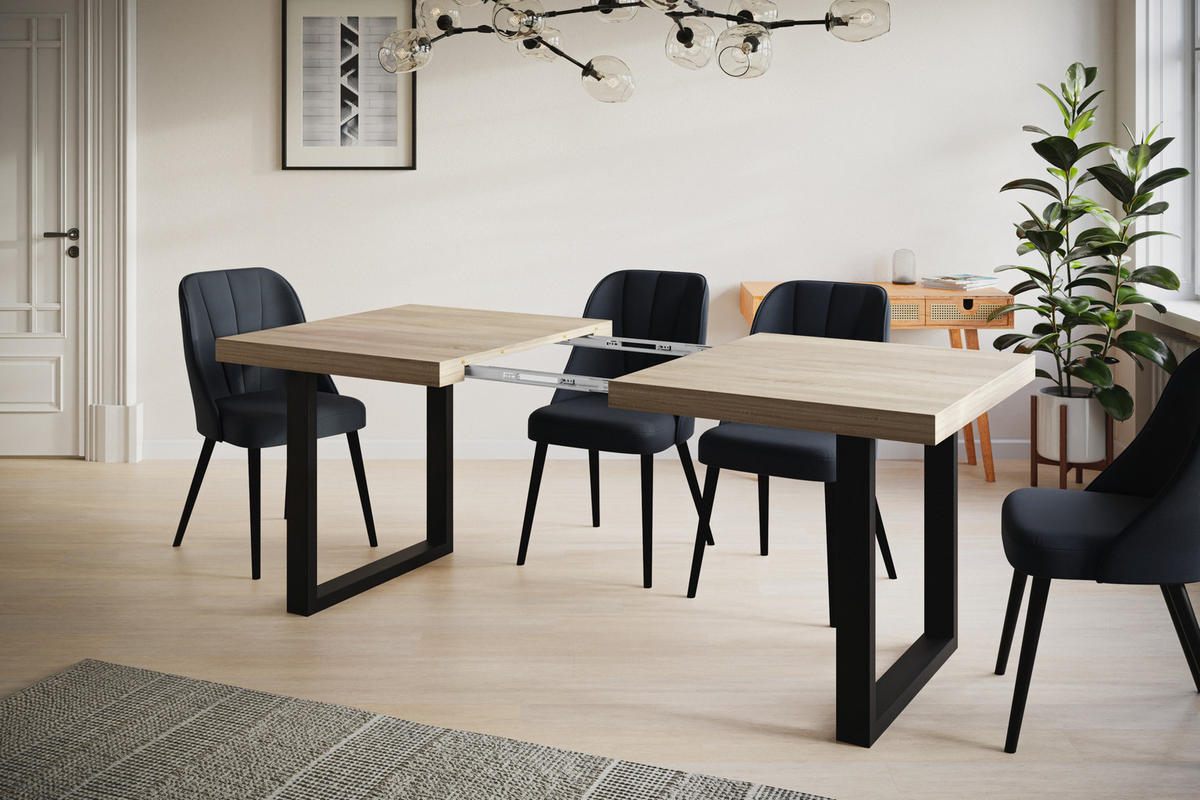 ESSZIMMERTISCH LOFT-U, ausziehbarer Tisch 140-240X80X77 cm, Farbe: SONOMA, mit Metallbeinen in Farbe Schwarz - Schwarz/Sonoma Eiche, Holzwerkstoff (140/80/77cm) - Alpi-Möbel