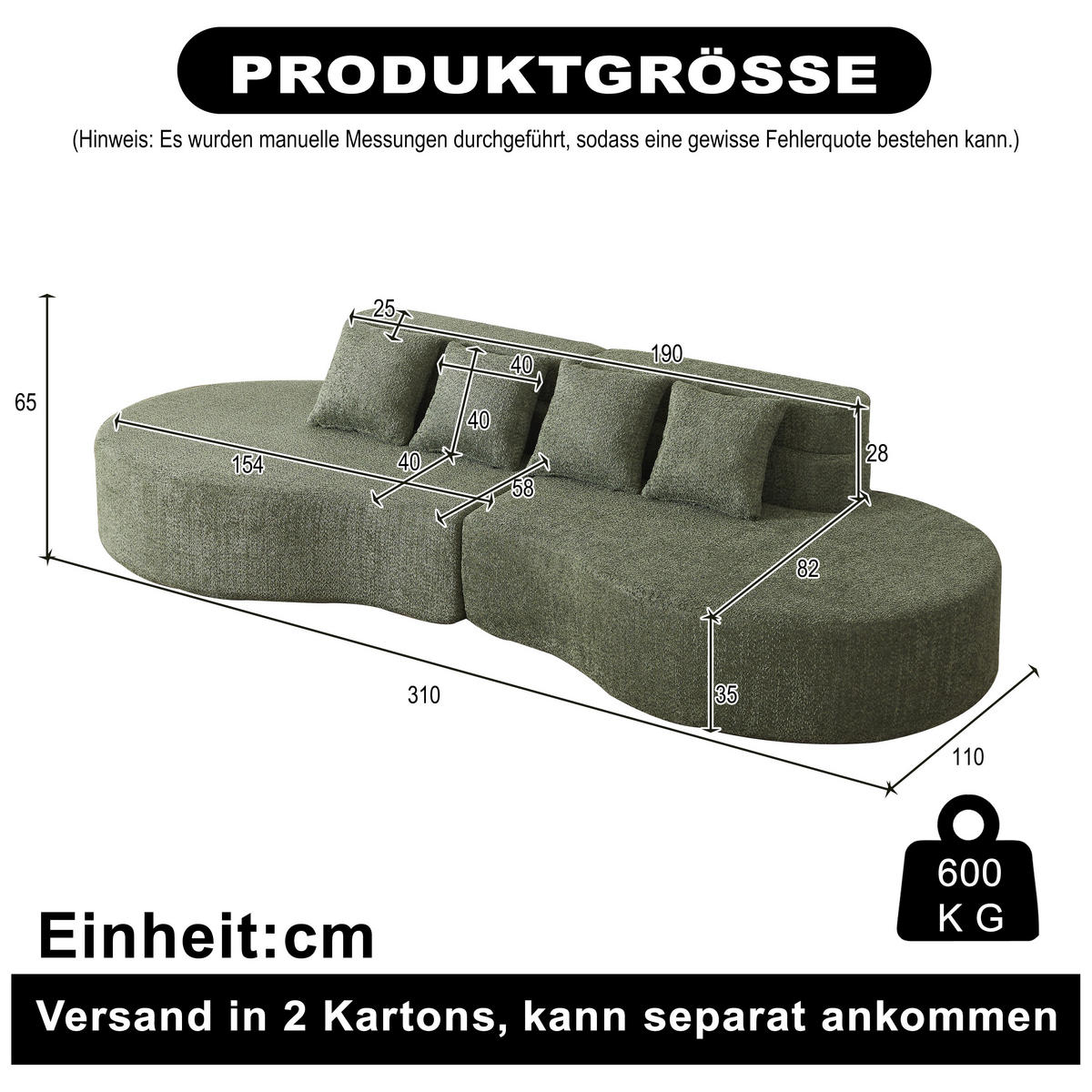 SOFA aus Chenille in Grün Modularer Memory-Schaum & Waschbarer Bezug - Grün, Textil (110/65/310cm) - Urban Meuble