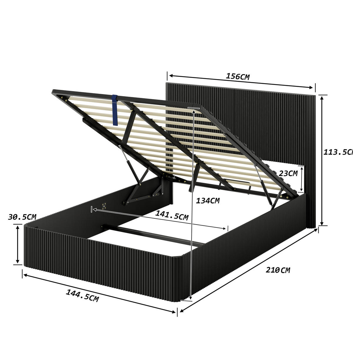 POLSTERBETT 140/200 cm mit hydraulischem Bettkasten, Rillendesign und Hochglanz-Oberfläche, Schwarz - Schwarz, Holzwerkstoff (140/200cm) - Redom